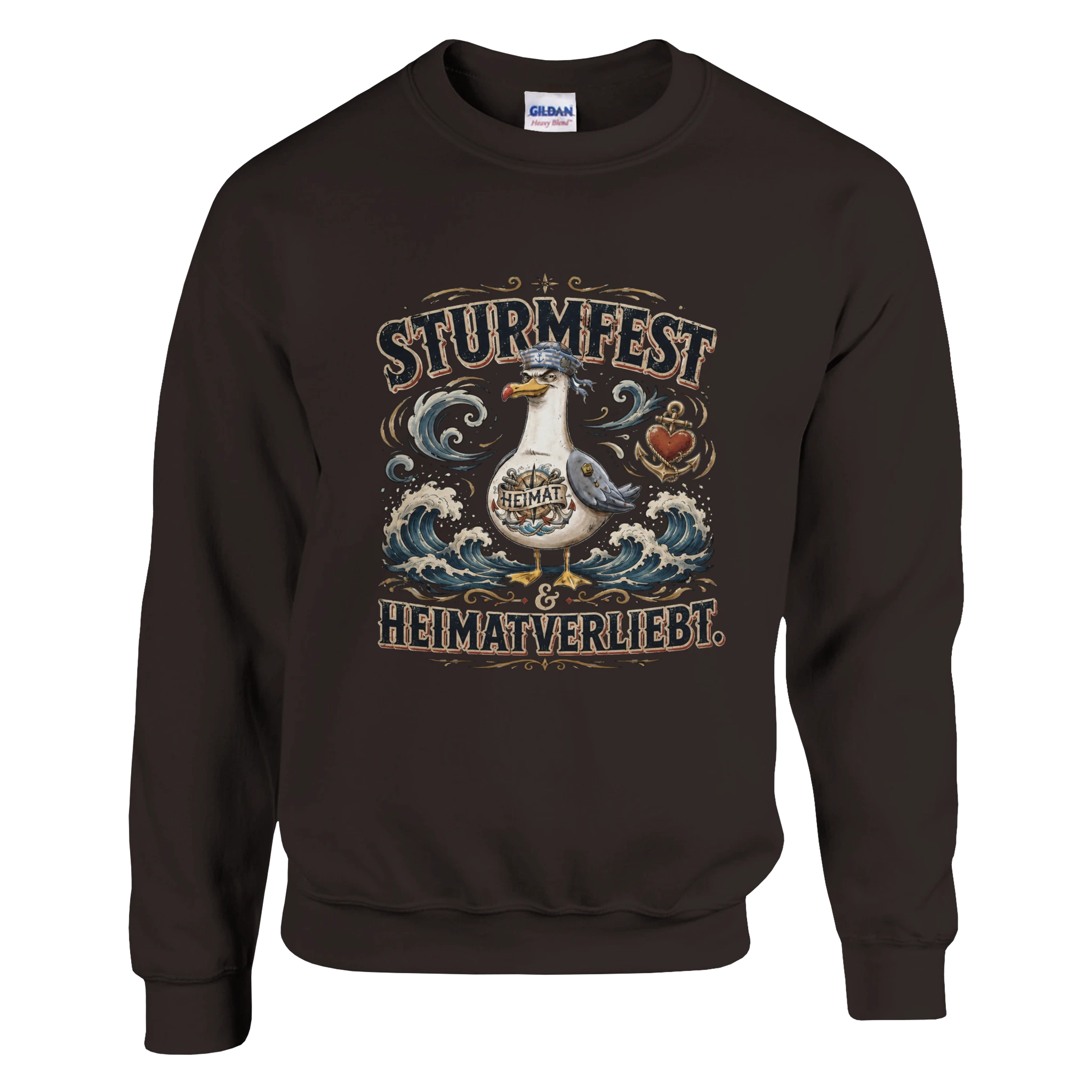 Pullover in Weiß mit Motiv „Sturmfest & Heimatverliebt Möwe“