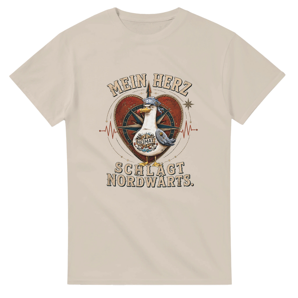 T-Shirt in Weiß mit Motiv „Mein Herz schlägt NORDWÄRTS. Möwe“