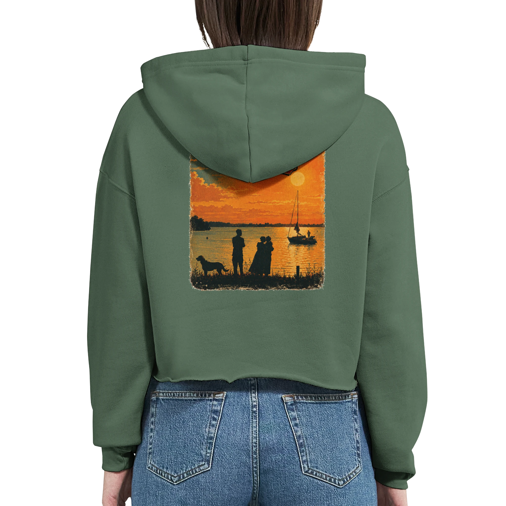 Damen-Hoodie in Pfirsich mit Motiv „Familie beim Sunset“