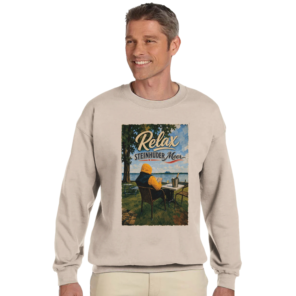 Pullover in Sand mit Motiv „Relax und Champagner“