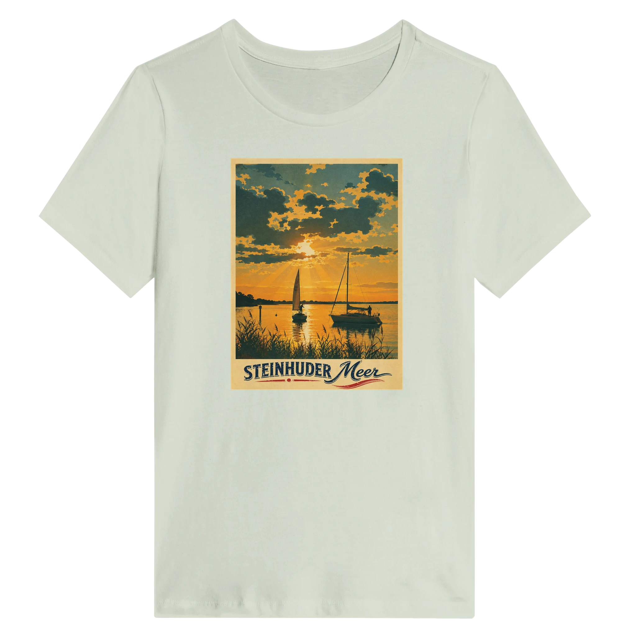 Damen-T-Shirt in Weiß mit Motiv „Segler am Steinhuder Meer beim Sunset“