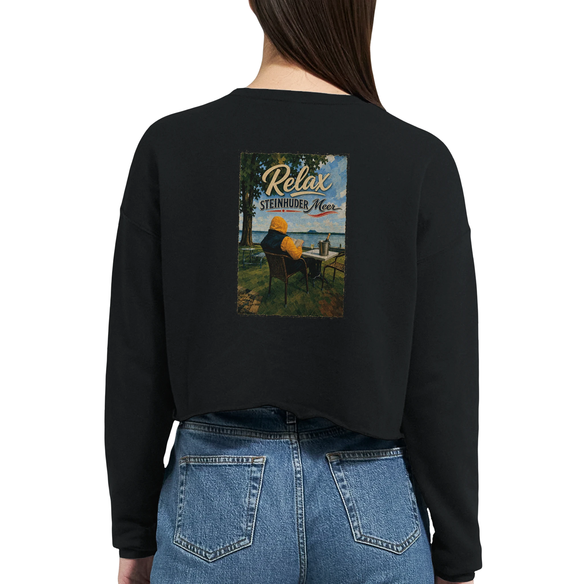 Damen-Pullover in Staubblau mit Motiv „Relax und Champagner“