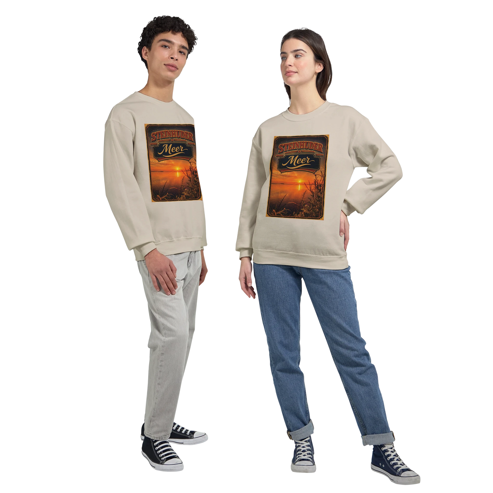 Pullover in Sand mit Motiv „Sunset am Steinhuder Meer“