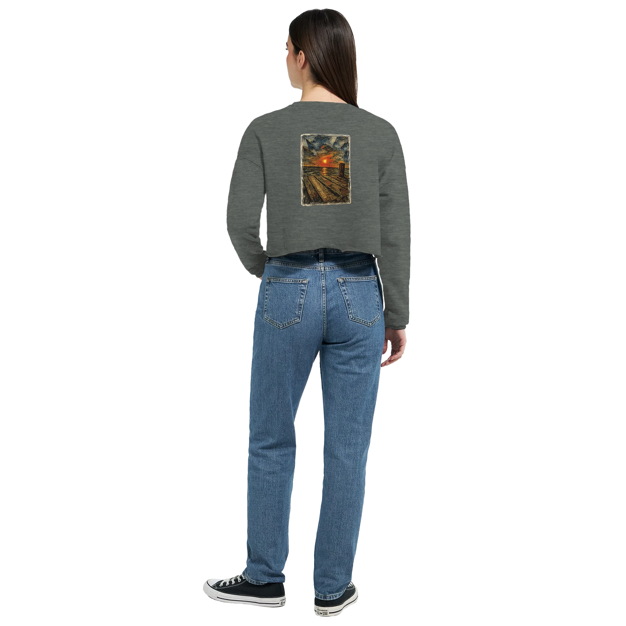 Damen-Pullover in Dunkelgrau meliert mit Motiv „Steinhuder Meer Kunst“