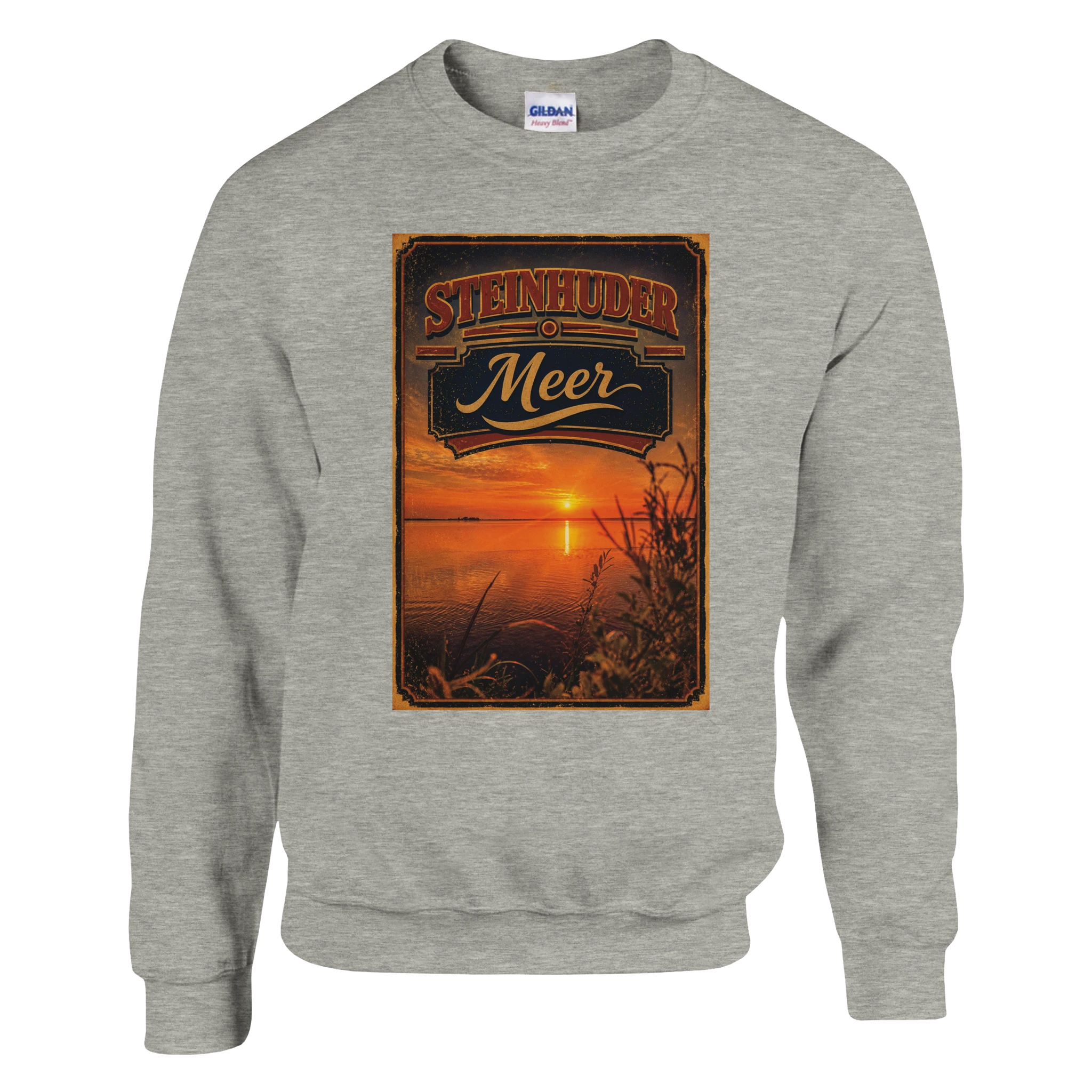 Pullover in Aschgrau mit Motiv „Sunset am Steinhuder Meer“