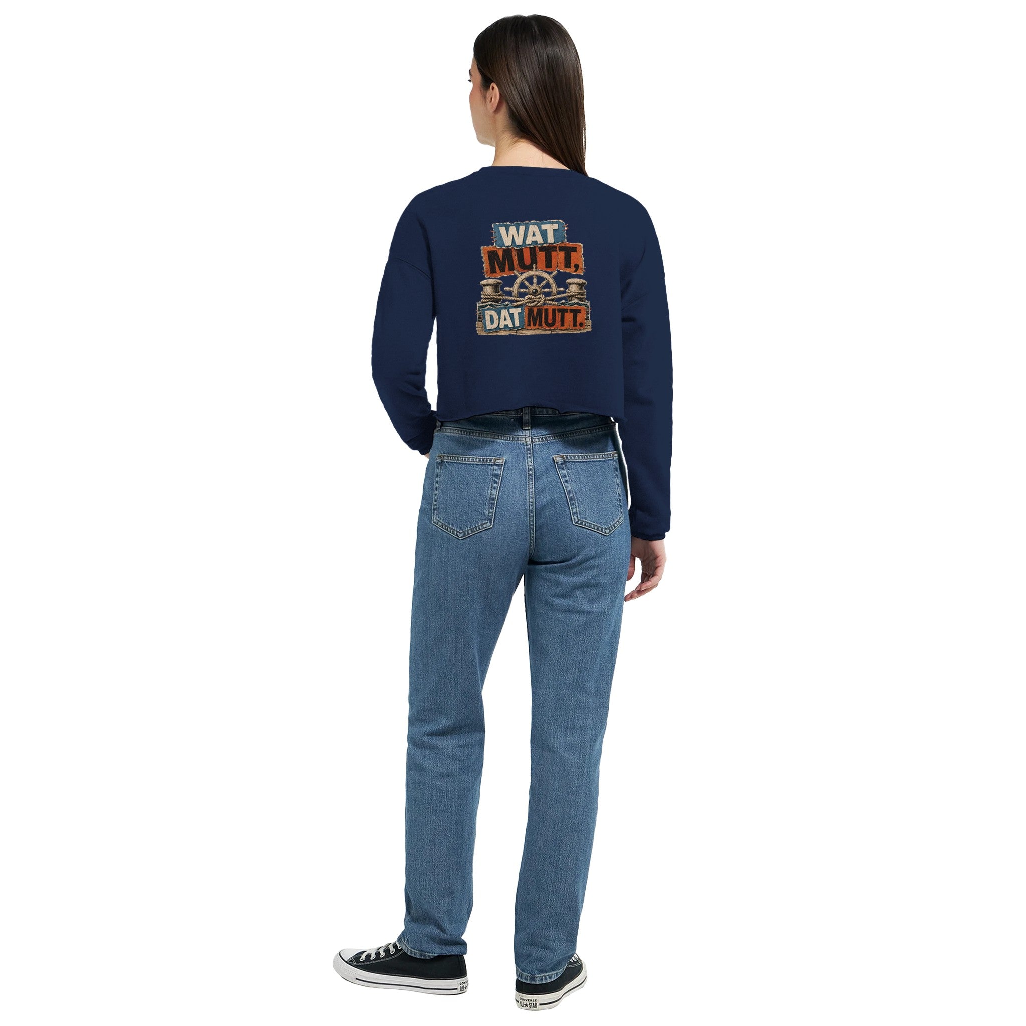 Damen-Pullover in Dunkelgrau meliert mit Motiv „Wat Mutt, Dat Mutt.“