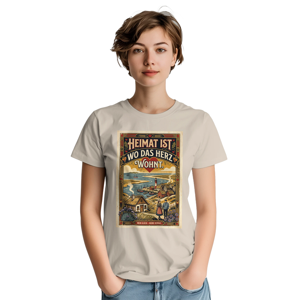 T-Shirt in Sand mit Motiv „Heimat ist, wo das Herz wohnt“