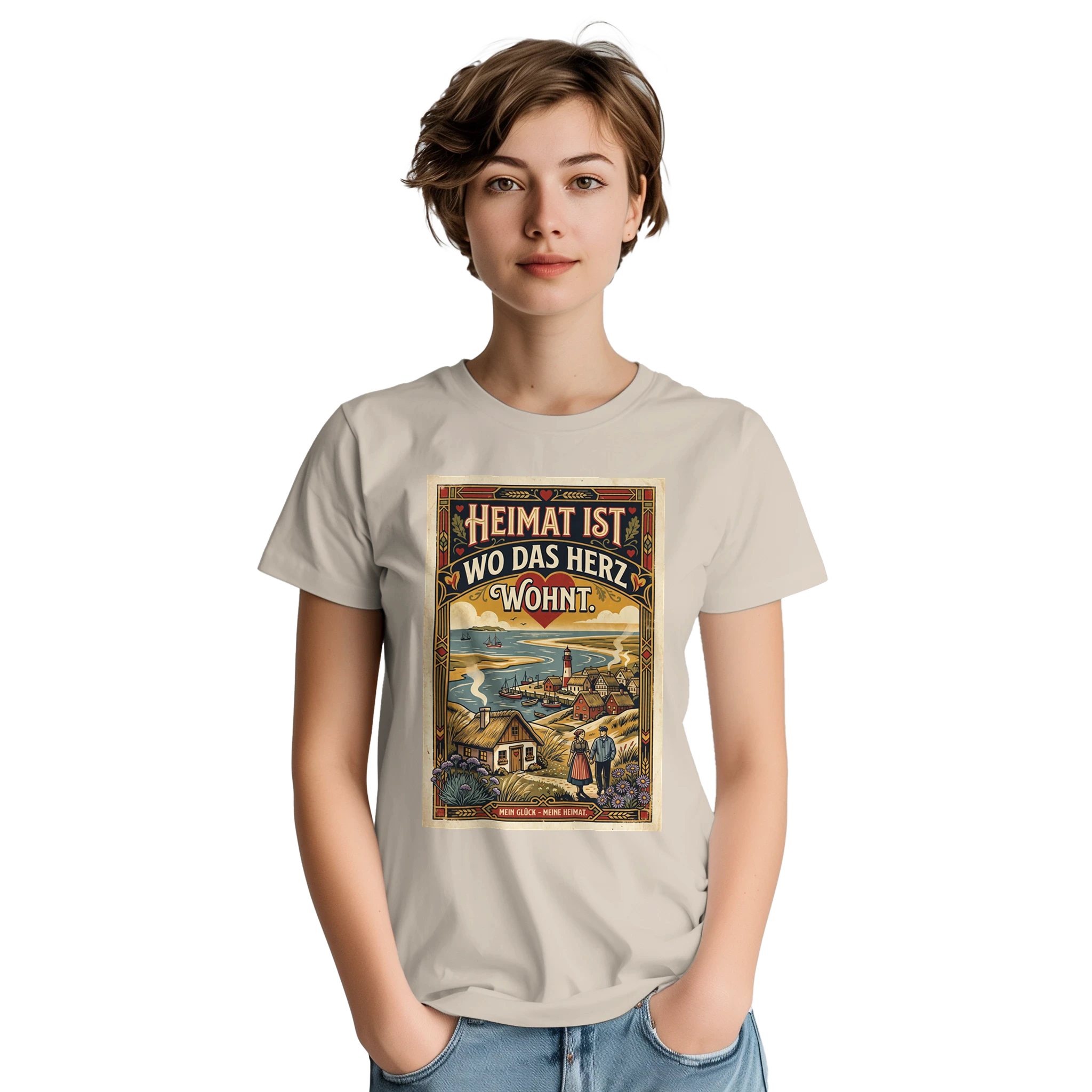 T-Shirt in Sand mit Motiv „Heimat ist, wo das Herz wohnt“