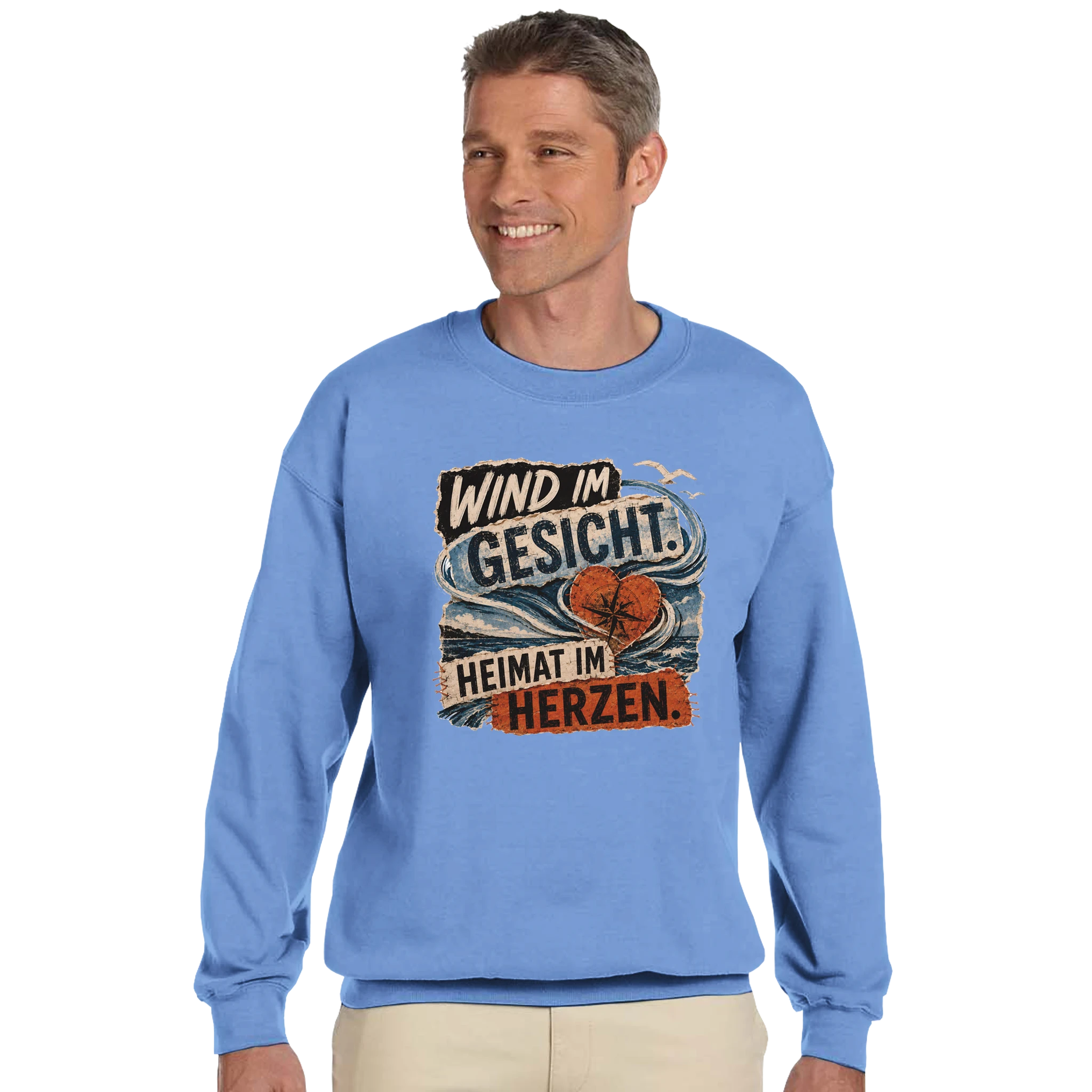 Pullover in Hellrosa mit Motiv „Wind im Gesicht. Heimat im Herzen.“