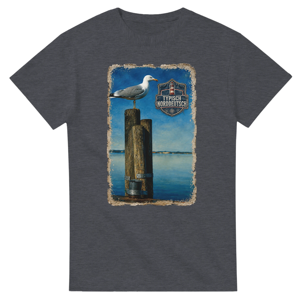 T-Shirt in Weiß mit Motiv „Möwe auf Poller“