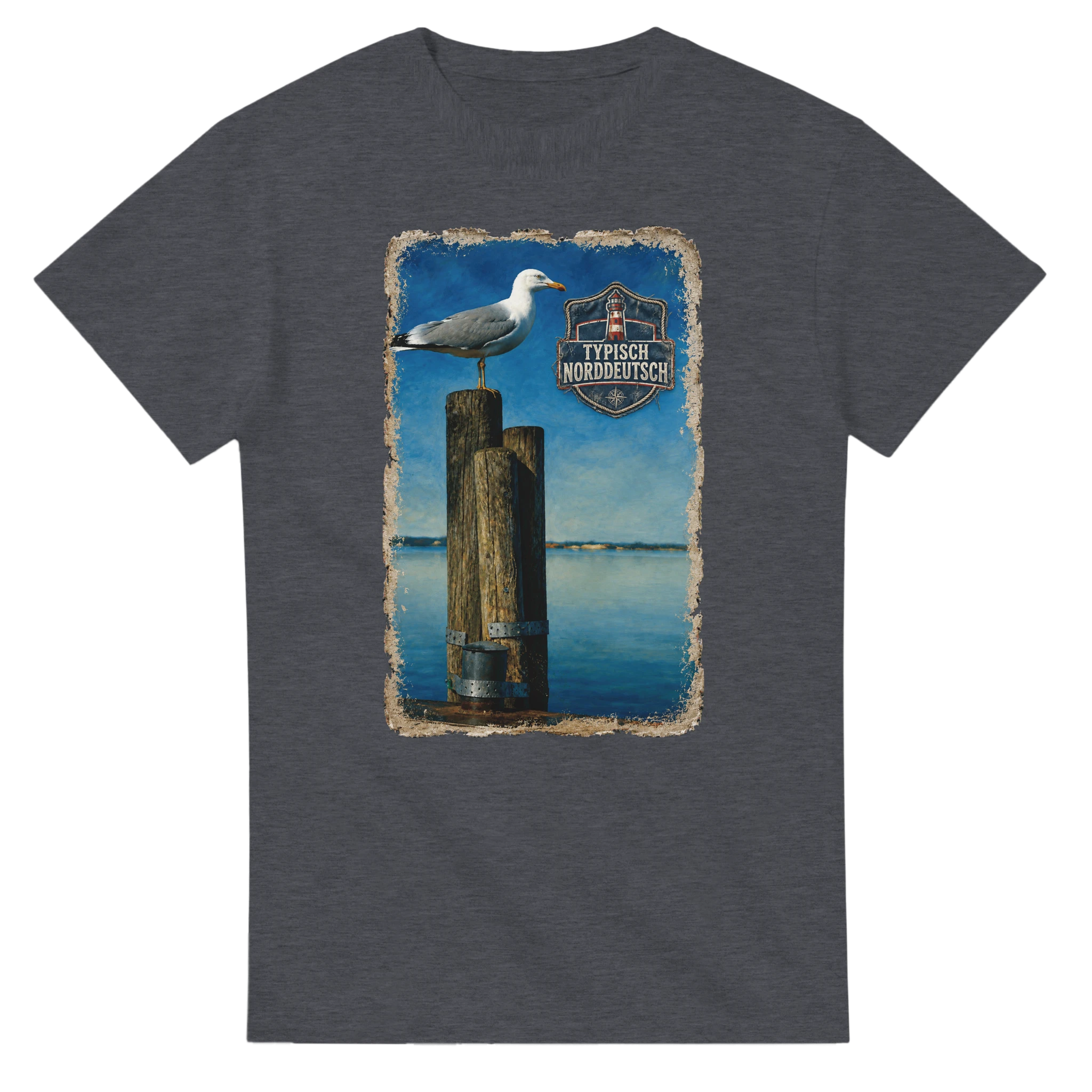 T-Shirt in Weiß mit Motiv „Möwe auf Poller“