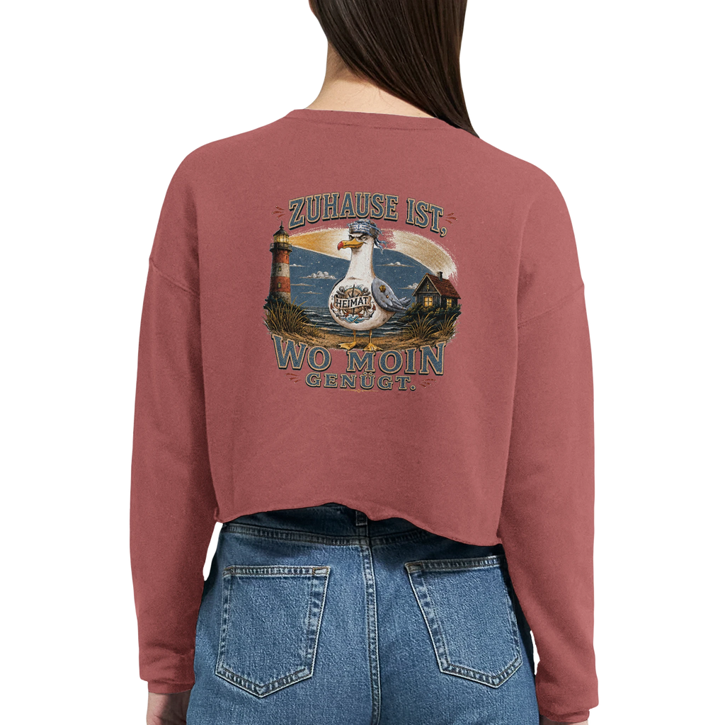 Damen-Pullover in Staubblau mit Motiv „Zuhause ist, wo Moin genügt. Möwe“
