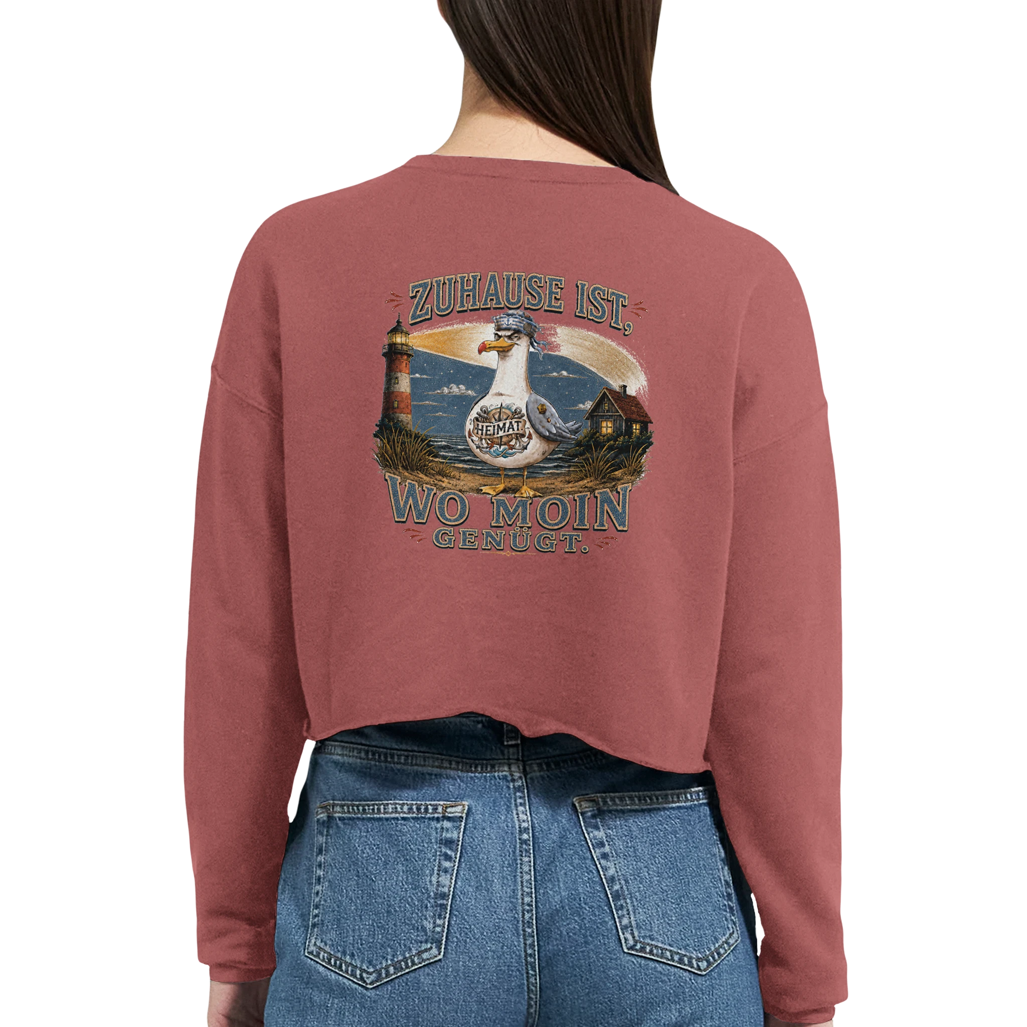 Damen-Pullover in Staubblau mit Motiv „Zuhause ist, wo Moin genügt. Möwe“