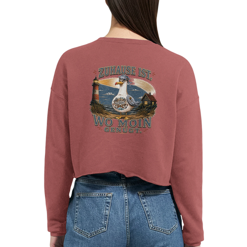 Damen-Pullover in Staubblau mit Motiv „Zuhause ist, wo Moin genügt. Möwe“