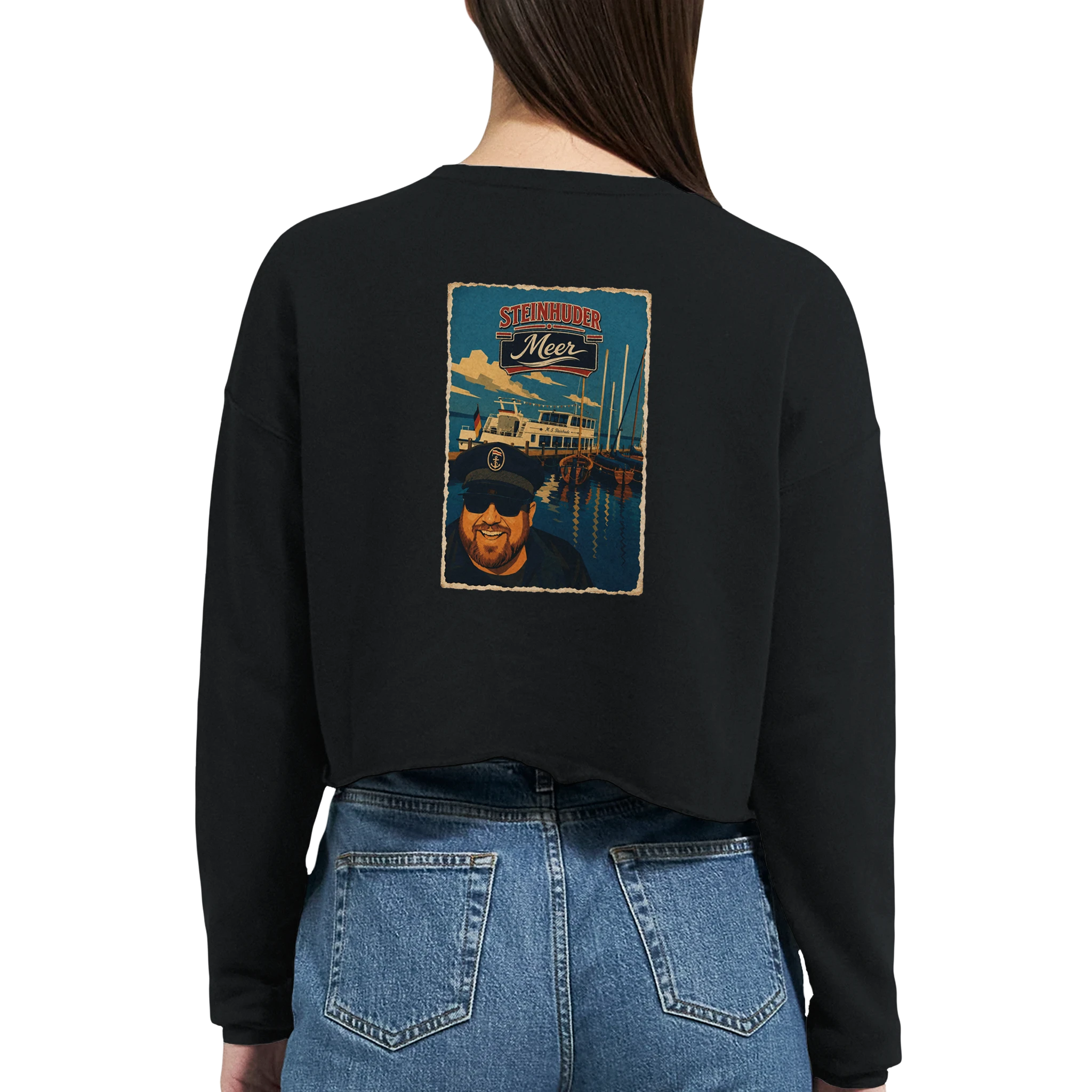 Damen-Pullover in Staubblau mit Motiv „Kapitän an Bord“