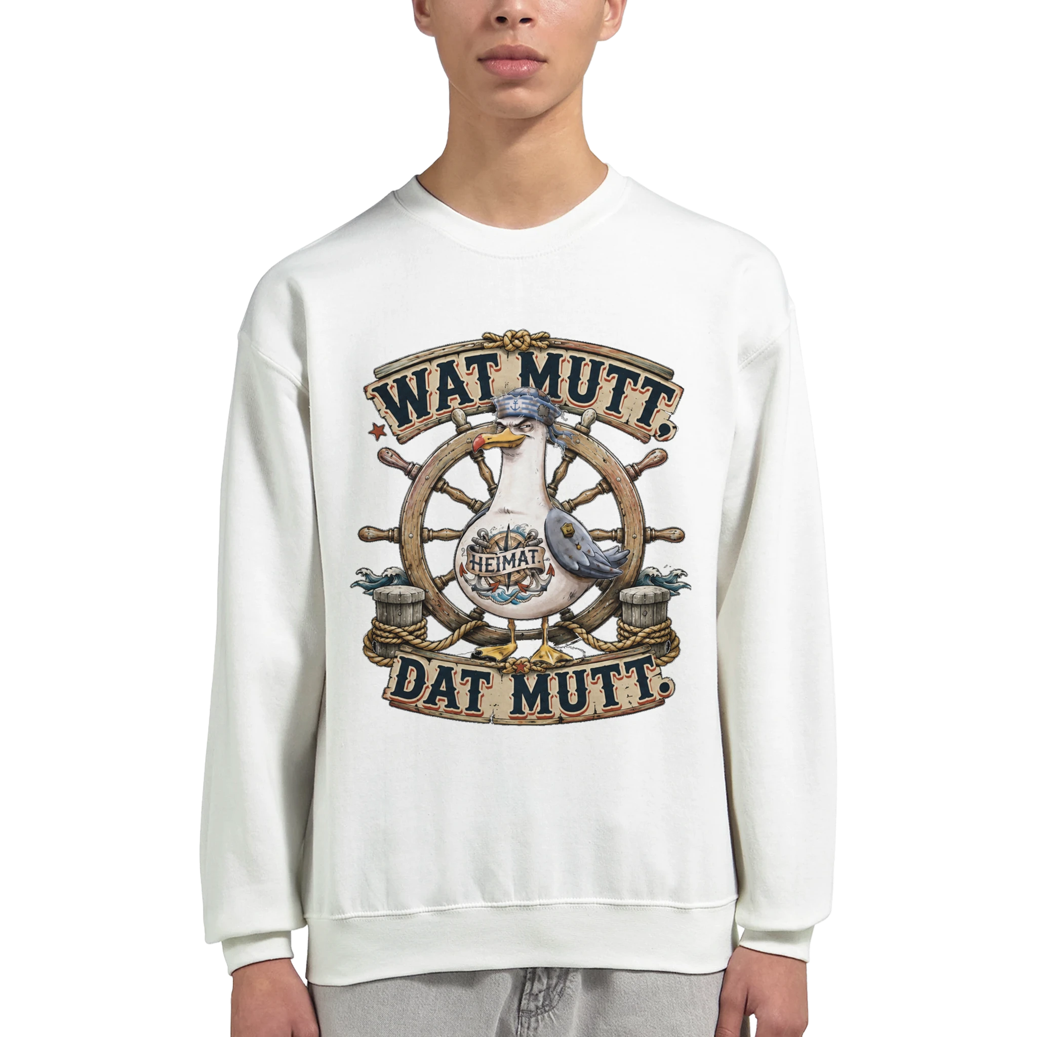 Pullover in Sand mit Motiv „Wat Mutt, Dat Mutt. Möwe“