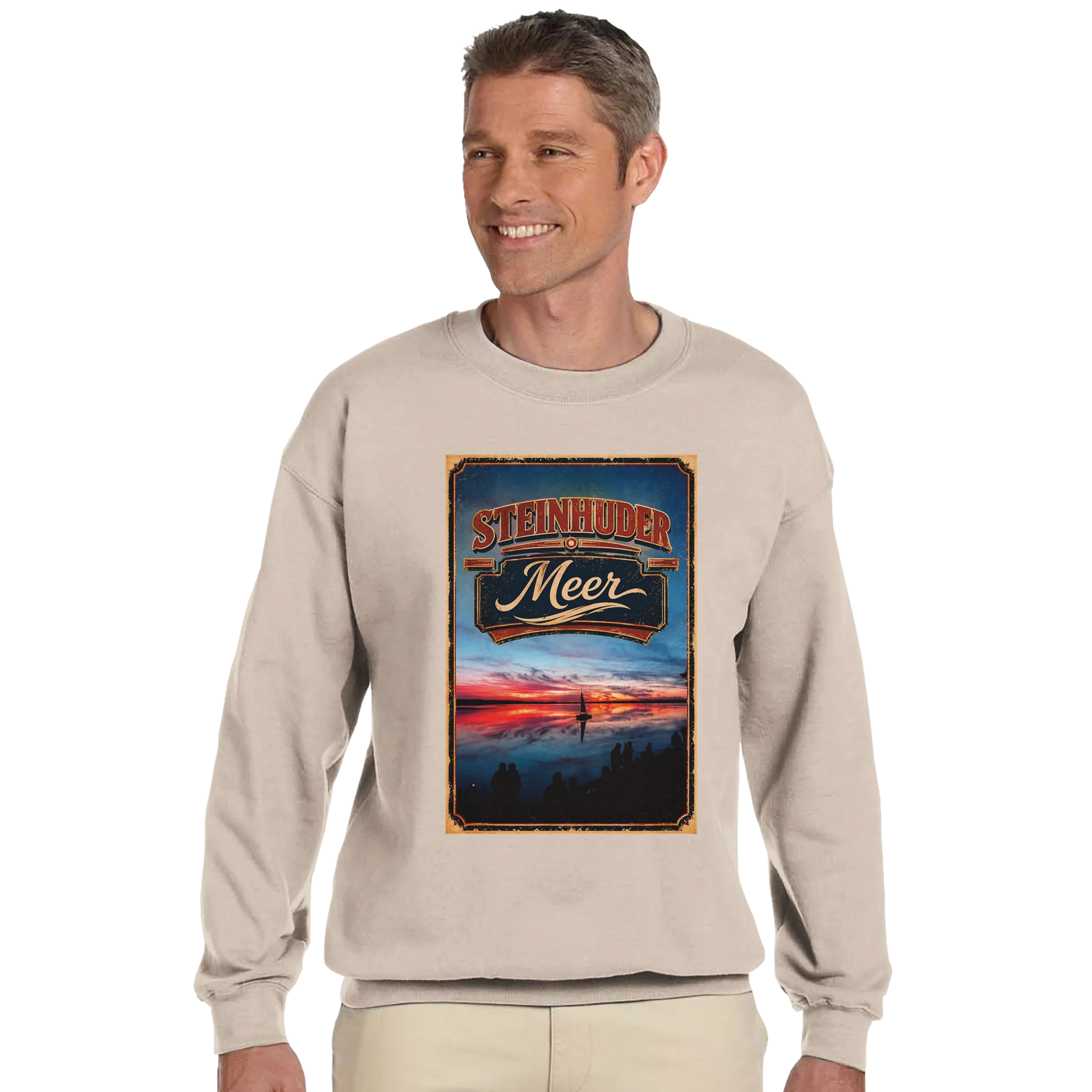 Pullover in Aschgrau mit Motiv „Sunset und Segler am Wilhelmstein – Steinhuder Meer“