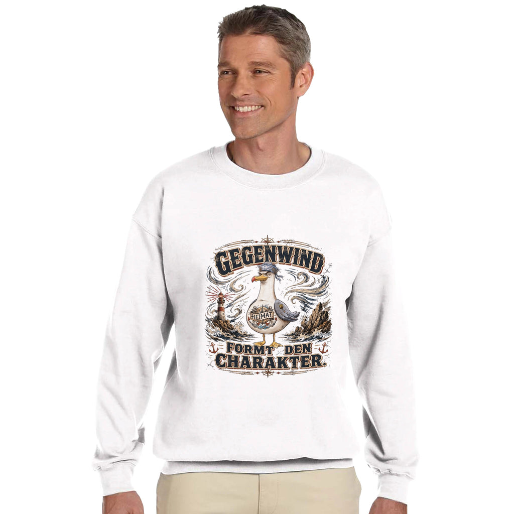 Pullover in Sand mit Motiv „Gegenwind formt den Charakter“