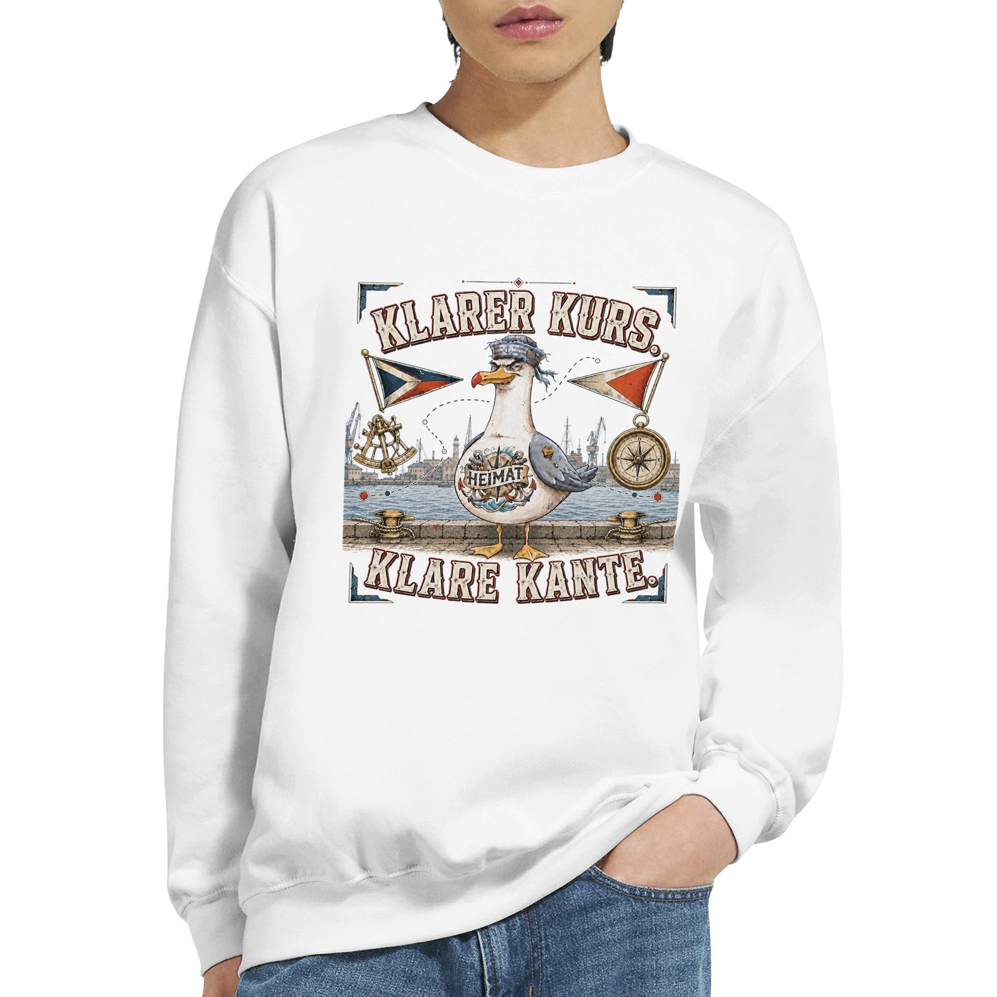 Pullover in Sand mit Motiv „Klarer Kurs. Klare Kante. Möwe“