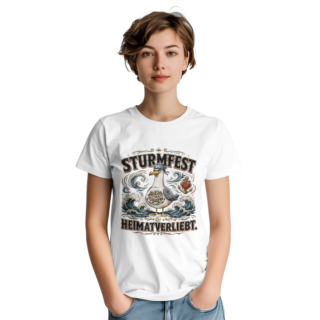 T-Shirt in Sand mit Motiv „Sturmfest & Heimatverliebt Möwe“