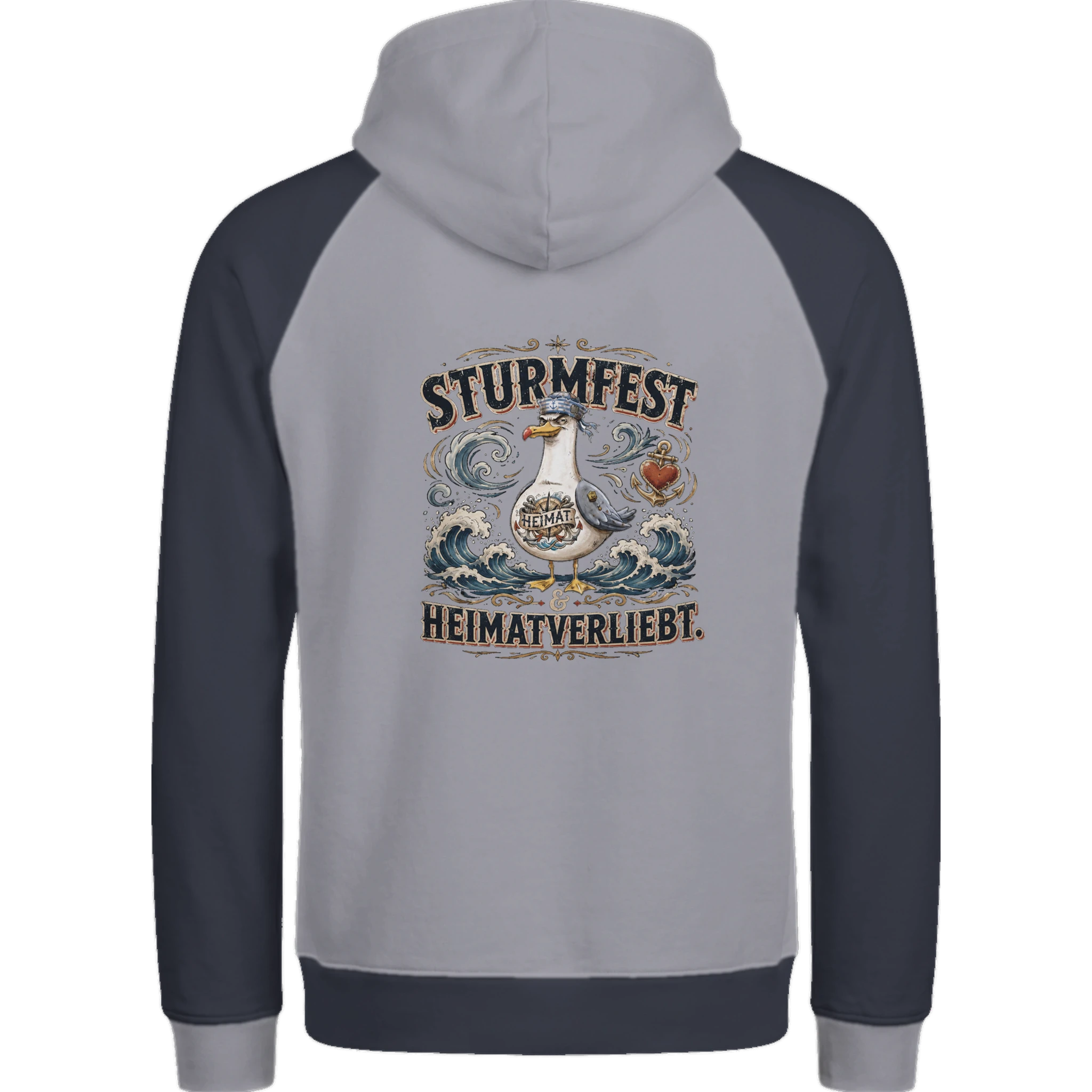 Hoodie in Ton mit Motiv „Sturmfest & Heimatverliebt Möwe“
