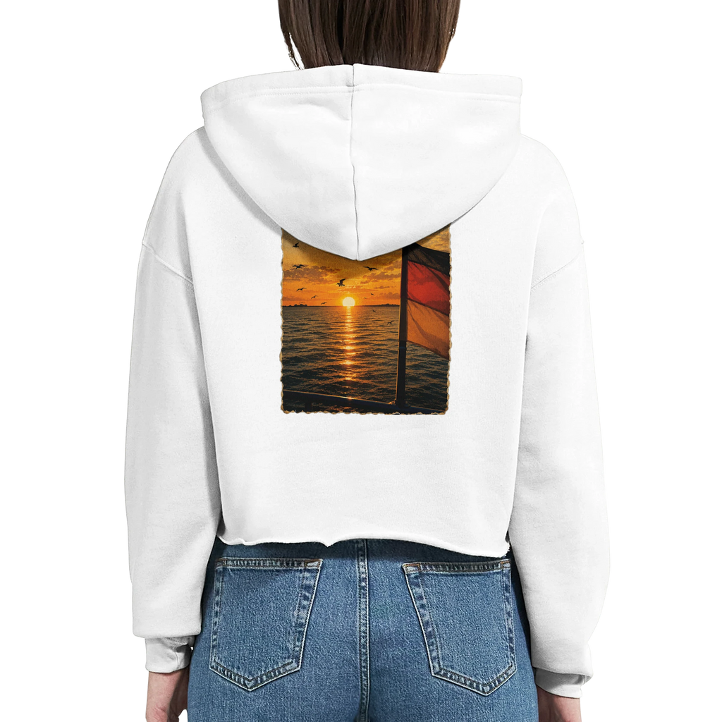 Damen-Hoodie in Weiß mit Motiv „Flagge und Sunset“