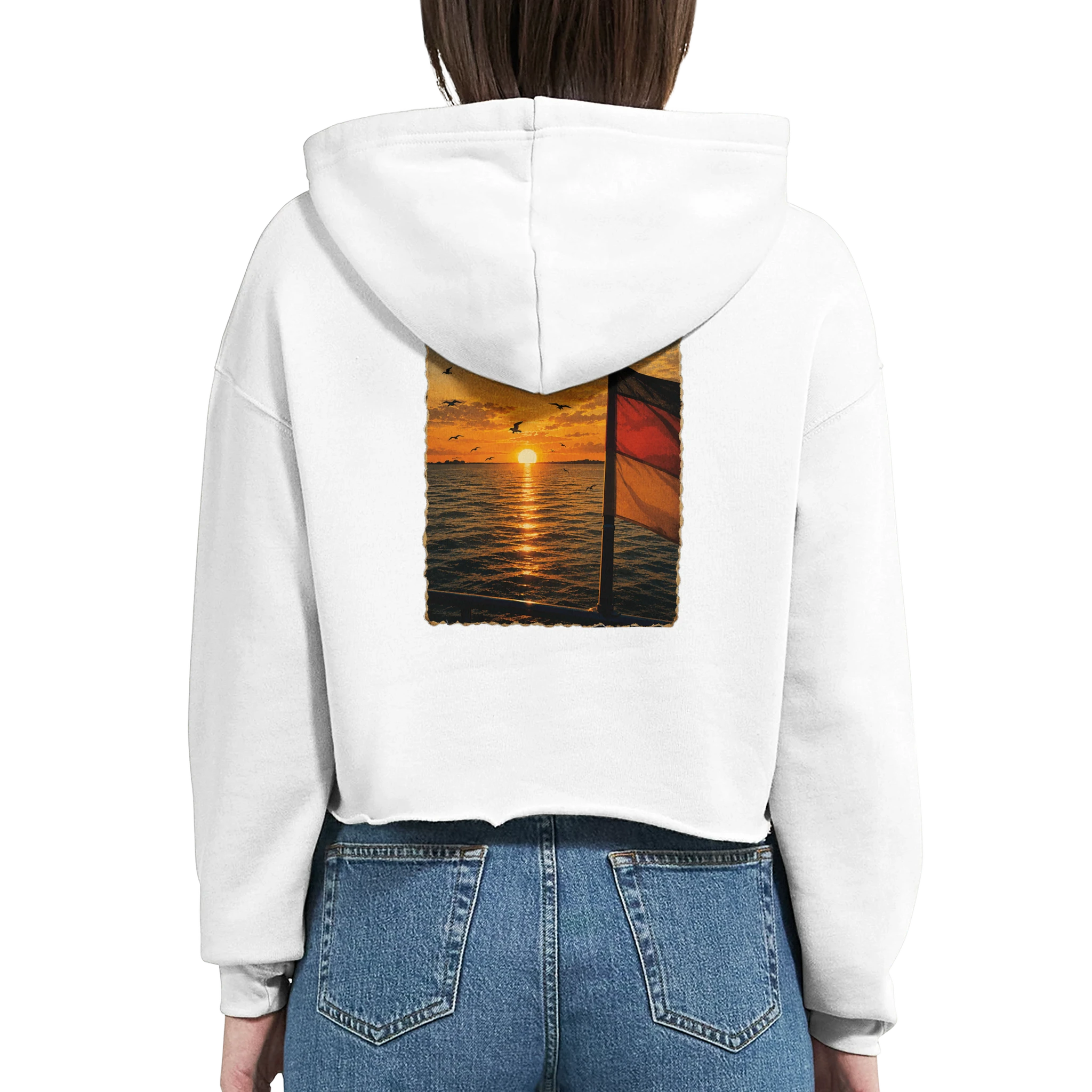 Damen-Hoodie in Weiß mit Motiv „Flagge und Sunset“