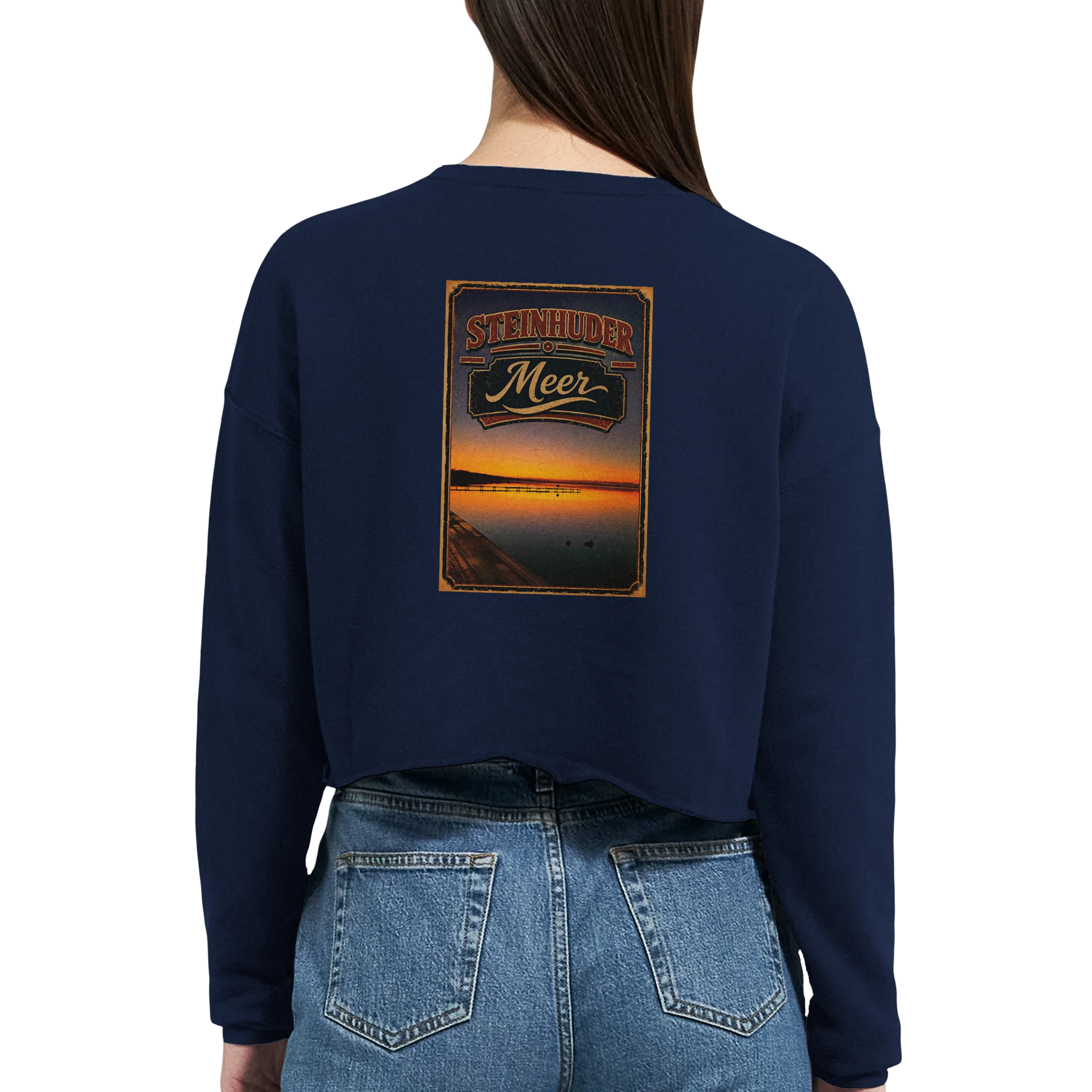 Damen-Pullover in Staubblau mit Motiv „Steg an der Planke“