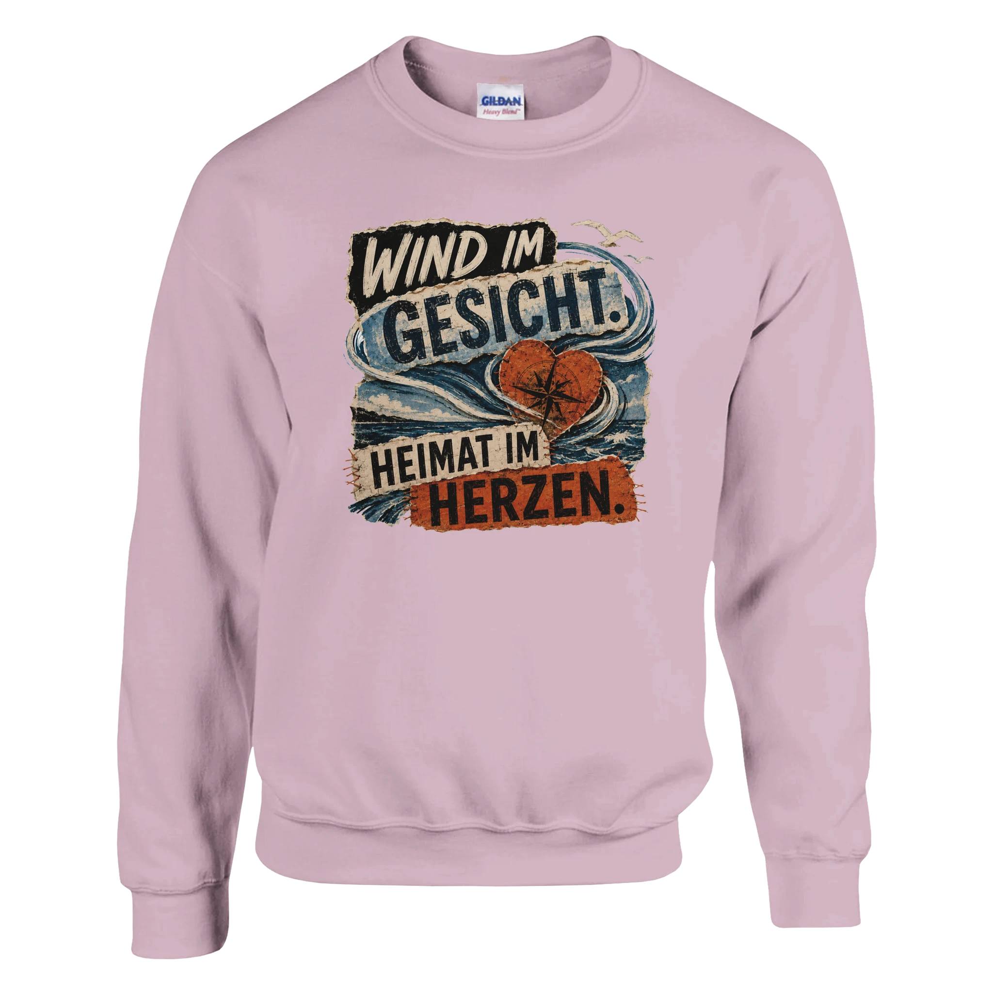 Pullover in Hellrosa mit Motiv „Wind im Gesicht. Heimat im Herzen.“
