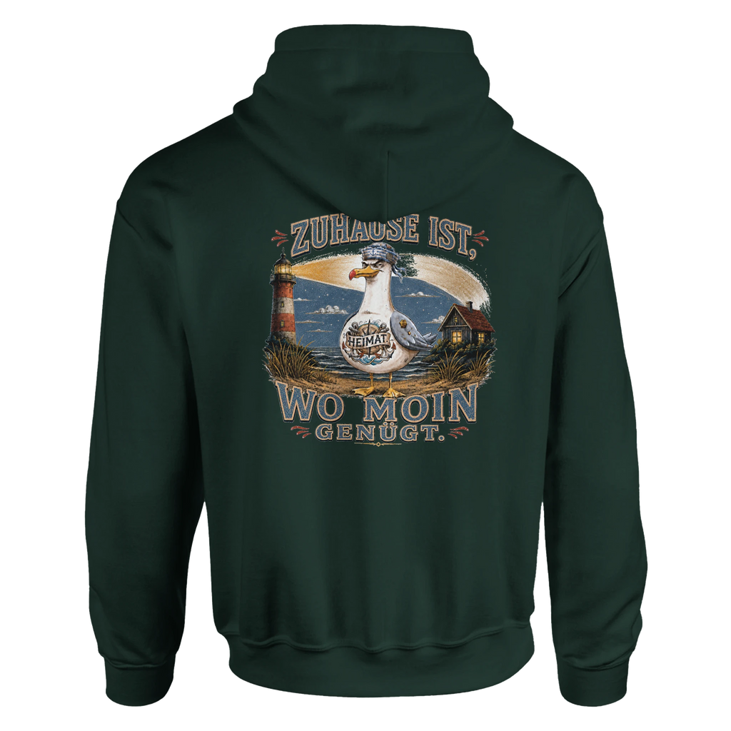 Hoodie in Weiß mit Motiv „Zuhause ist, wo Moin genügt. Möwe“