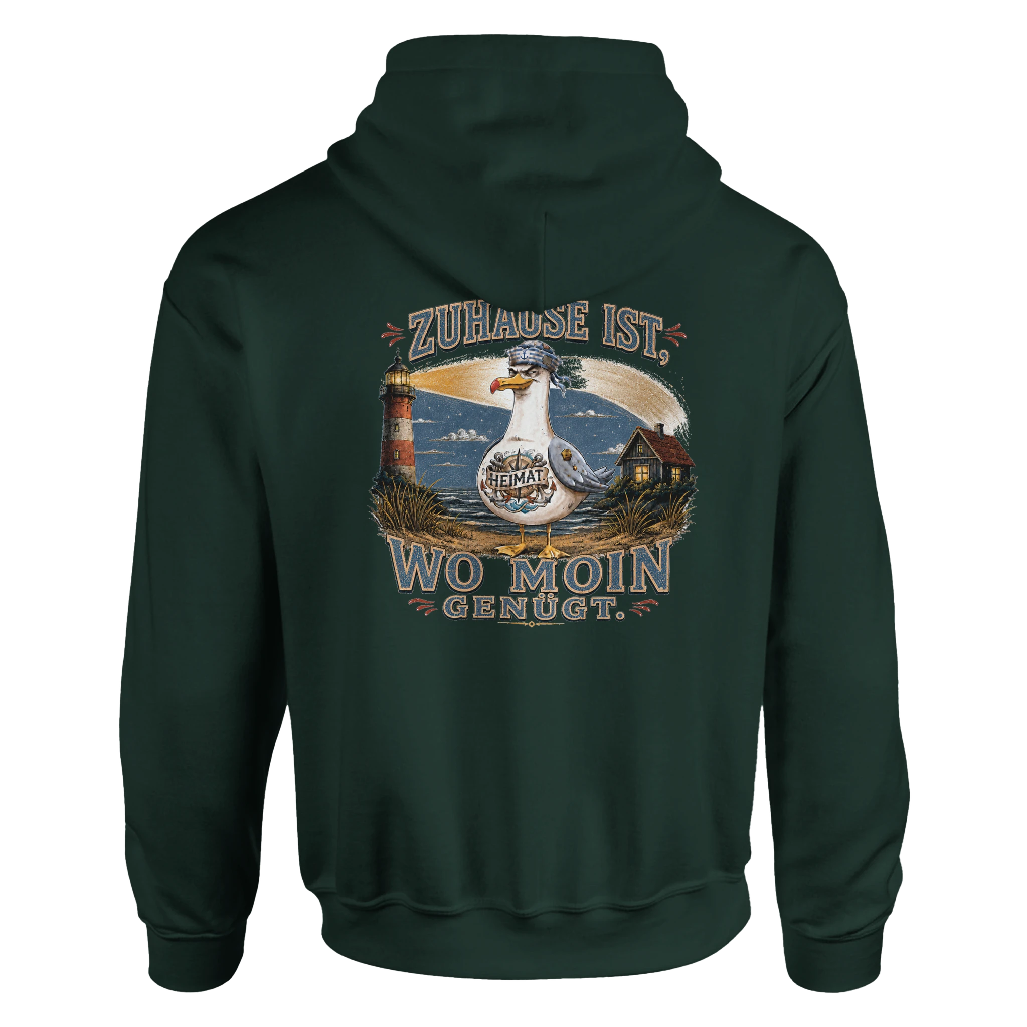 Hoodie in Weiß mit Motiv „Zuhause ist, wo Moin genügt. Möwe“