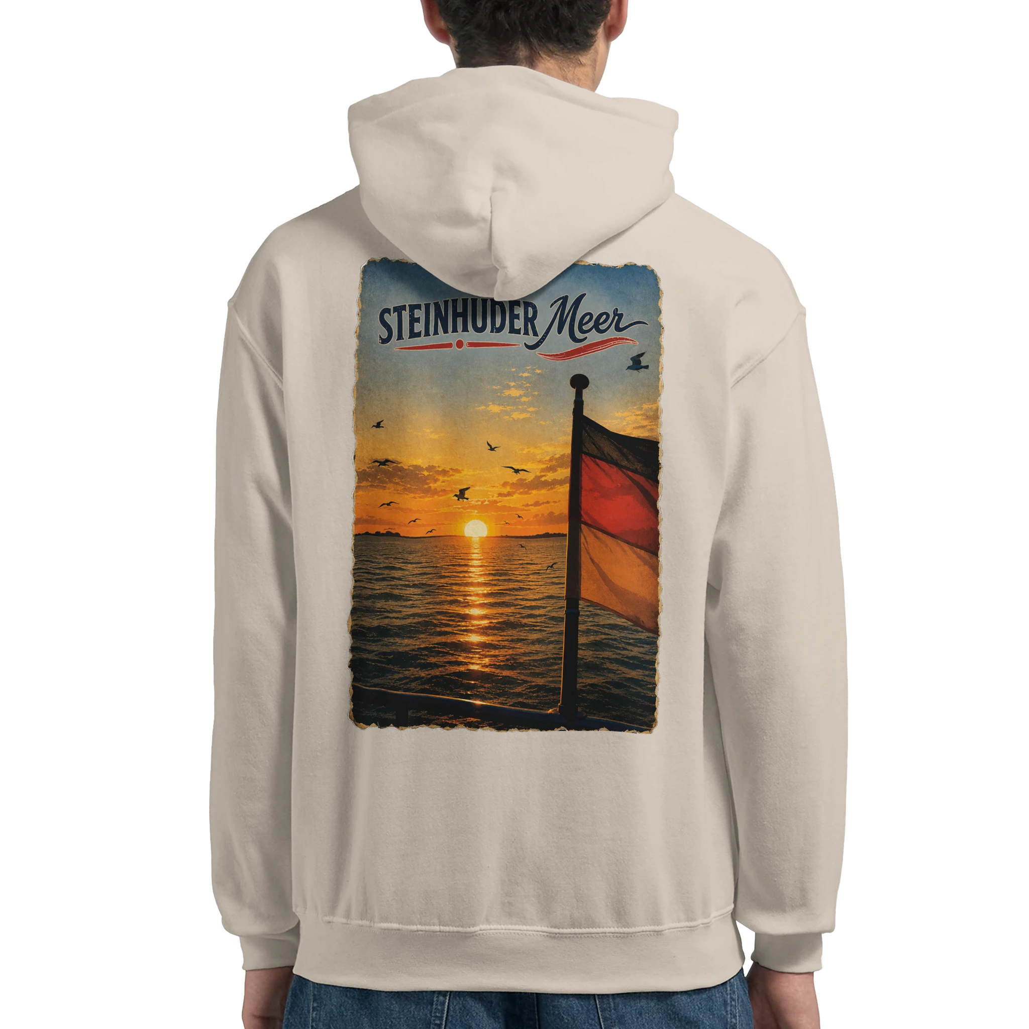 Hoodie in Weiß mit Motiv „Flagge und Sunset“