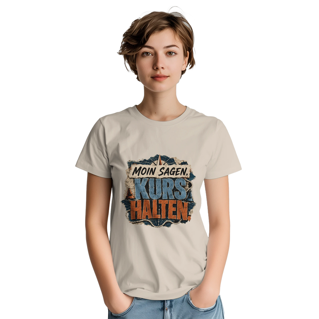 T-Shirt in Sand mit Motiv „Moin sagen. Kurs halten.“