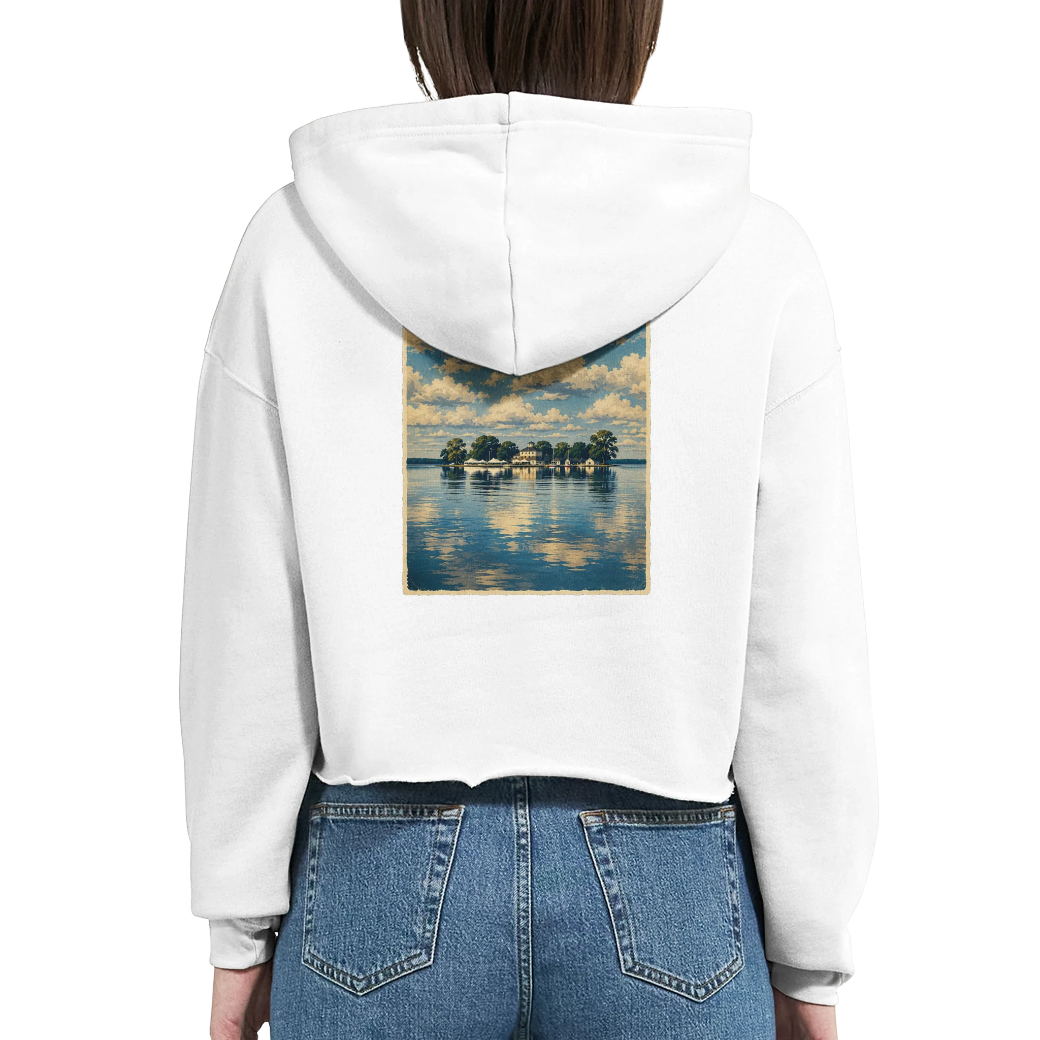 Damen-Hoodie in Weiß mit Motiv „Wilhelmstein im Steinhuder Meer“