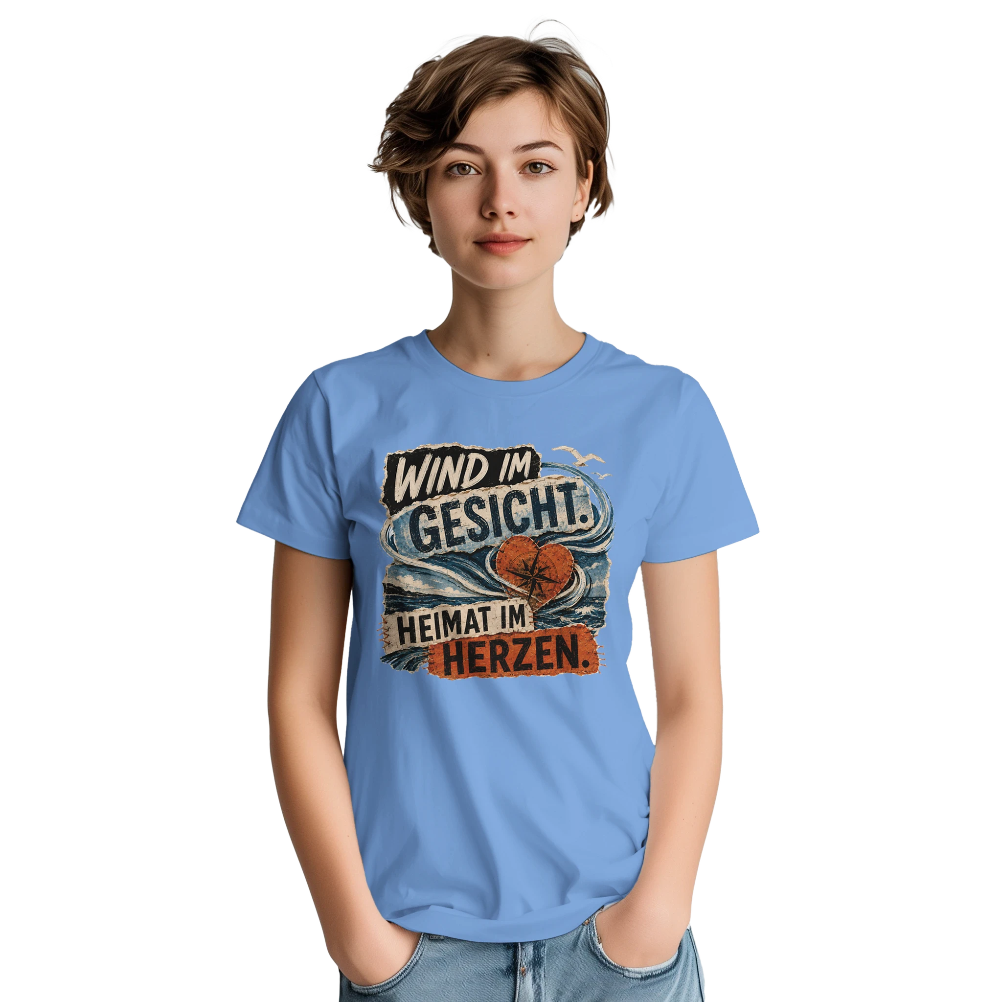 T-Shirt in Sand mit Motiv „Wind im Gesicht. Heimat im Herzen.“