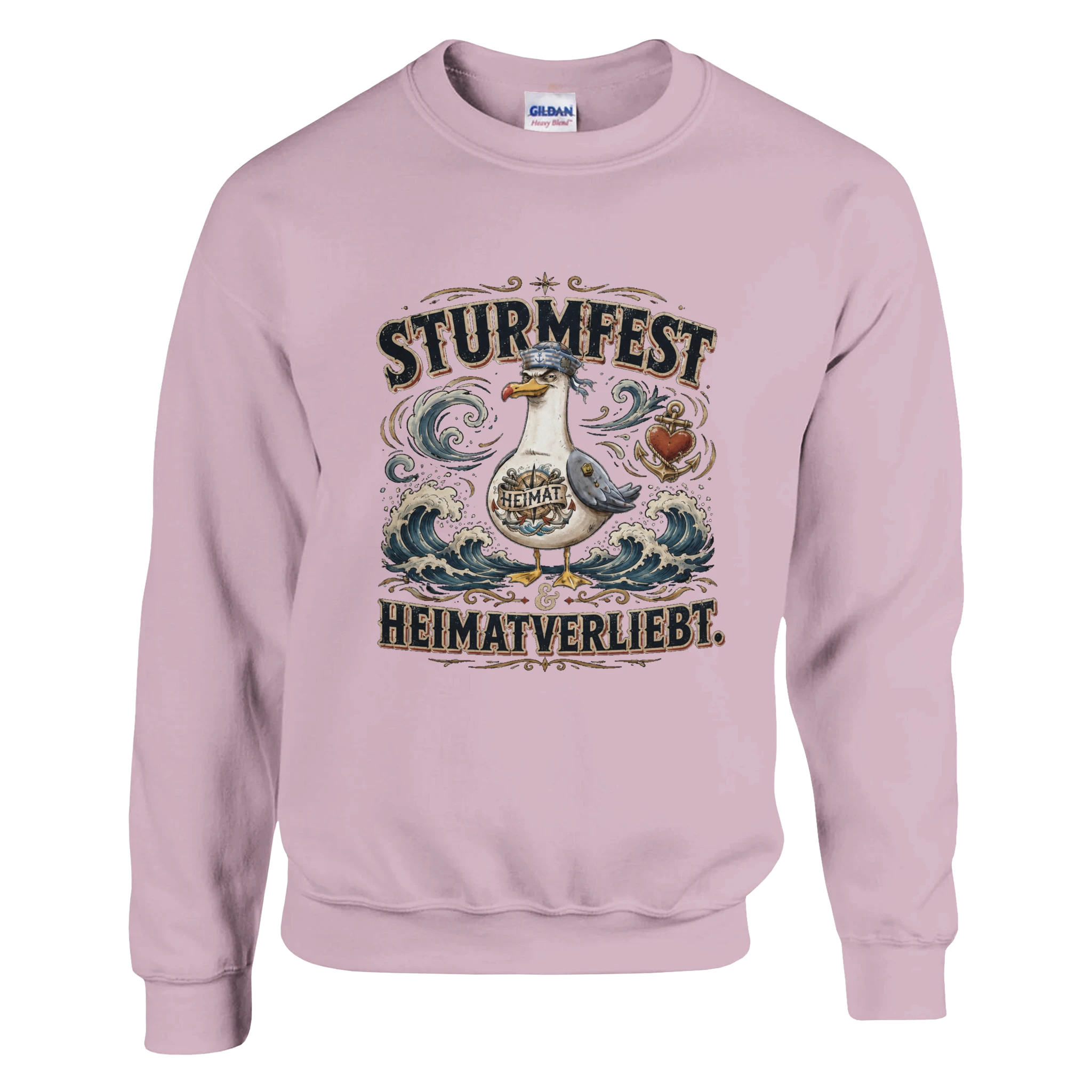 Pullover in Weiß mit Motiv „Sturmfest & Heimatverliebt Möwe“