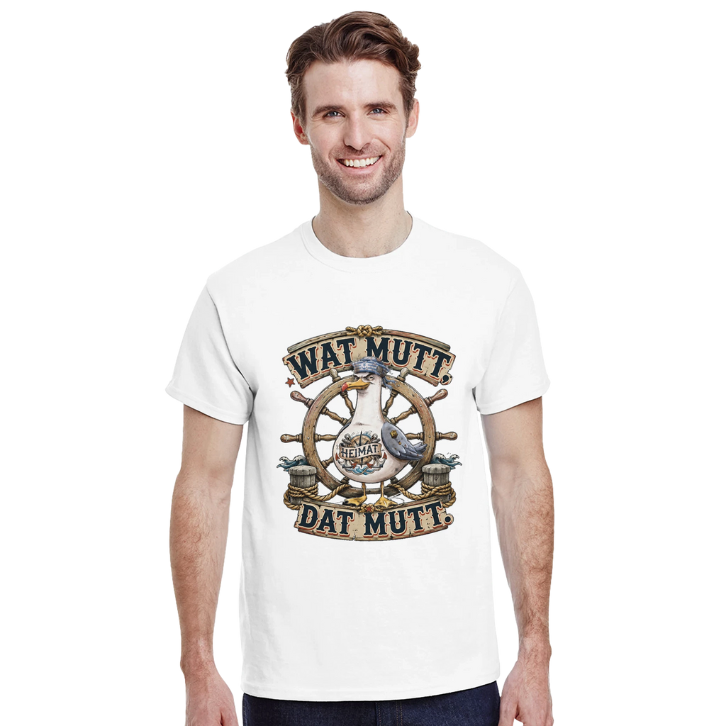 T-Shirt in Sand mit Motiv „Wat Mutt, Dat Mutt. Möwe“