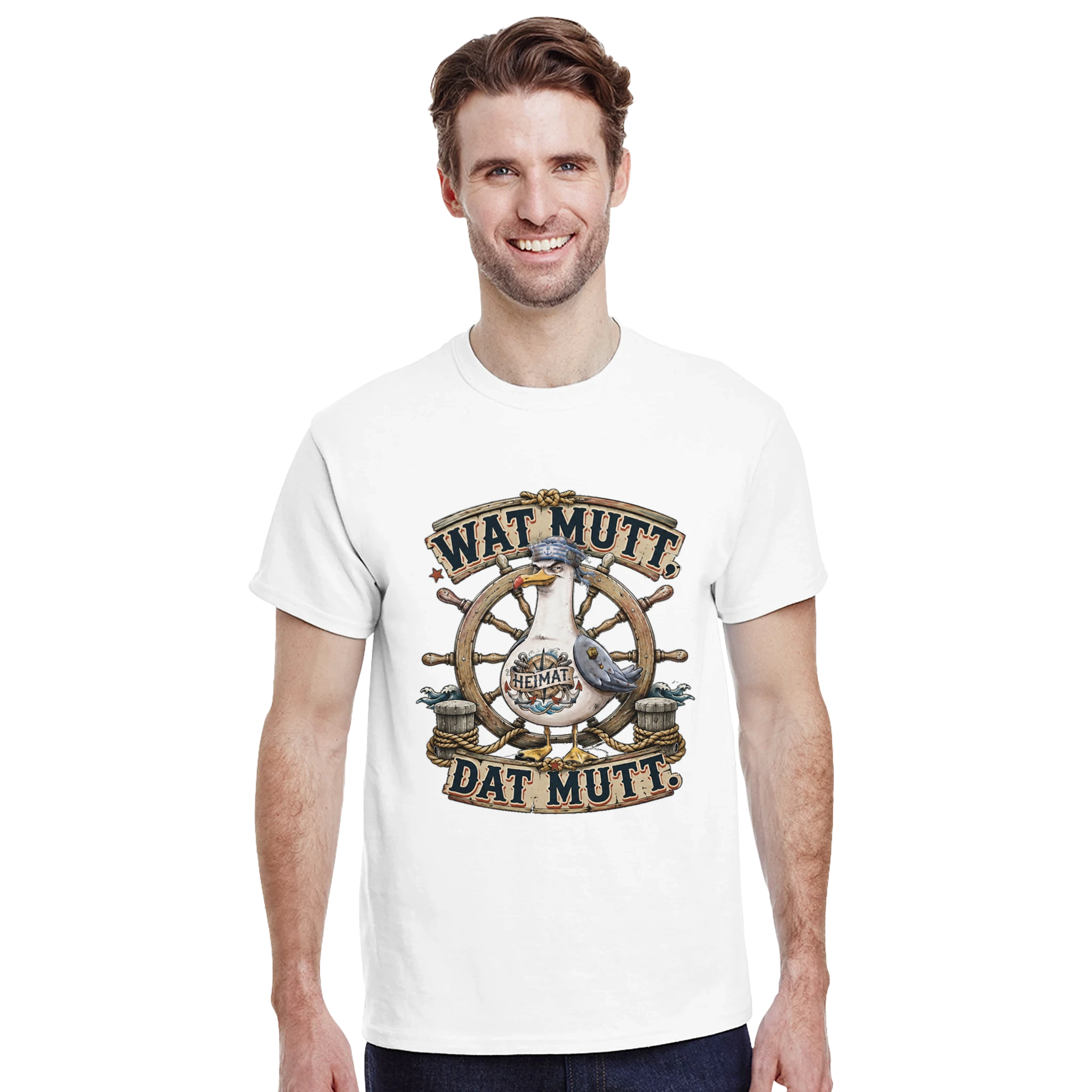 T-Shirt in Sand mit Motiv „Wat Mutt, Dat Mutt. Möwe“