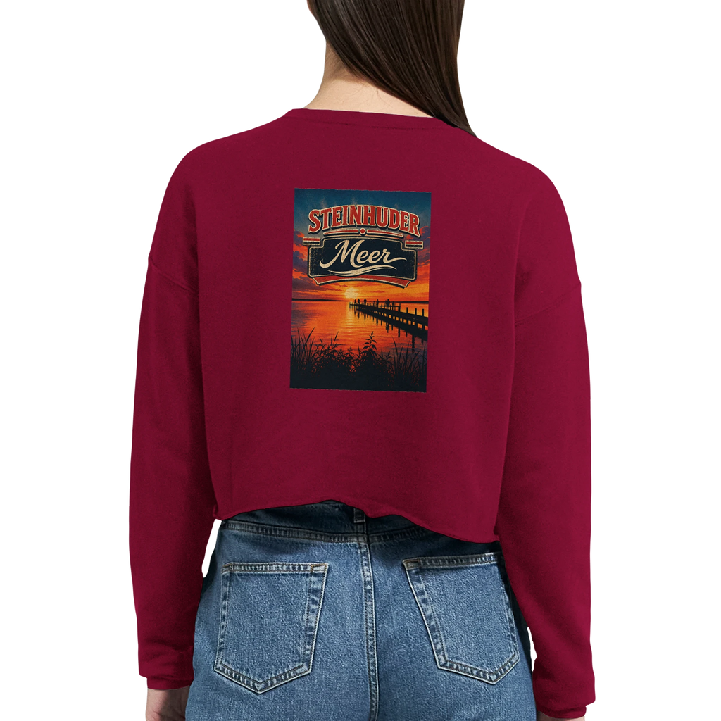 Damen-Pullover in Staubblau mit Motiv „Sunset Ratskeller Steg am Steinhuder Meer“