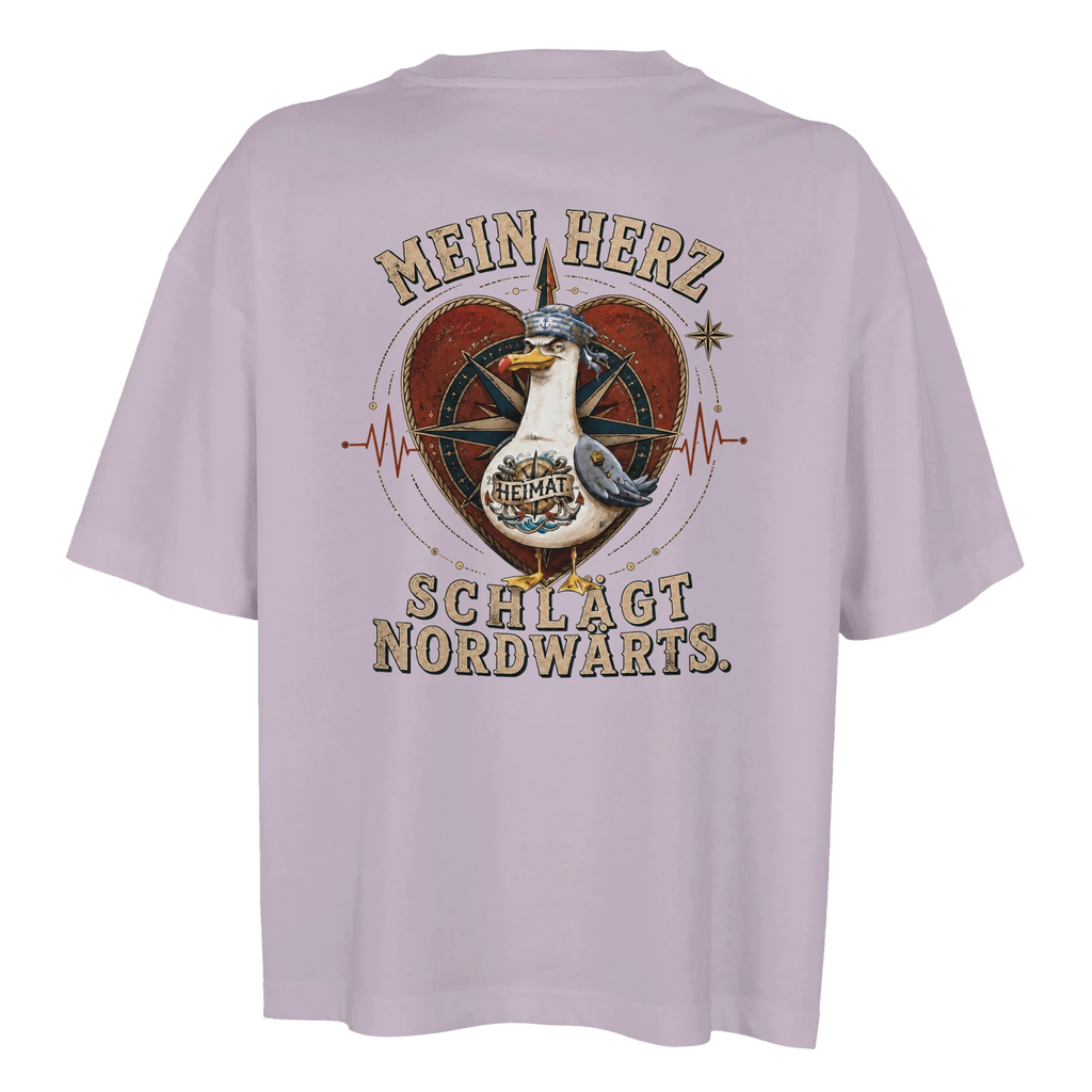 Damen-T-Shirt in Hellgelb mit Motiv „Mein Herz schlägt NORDWÄRTS. Möwe“