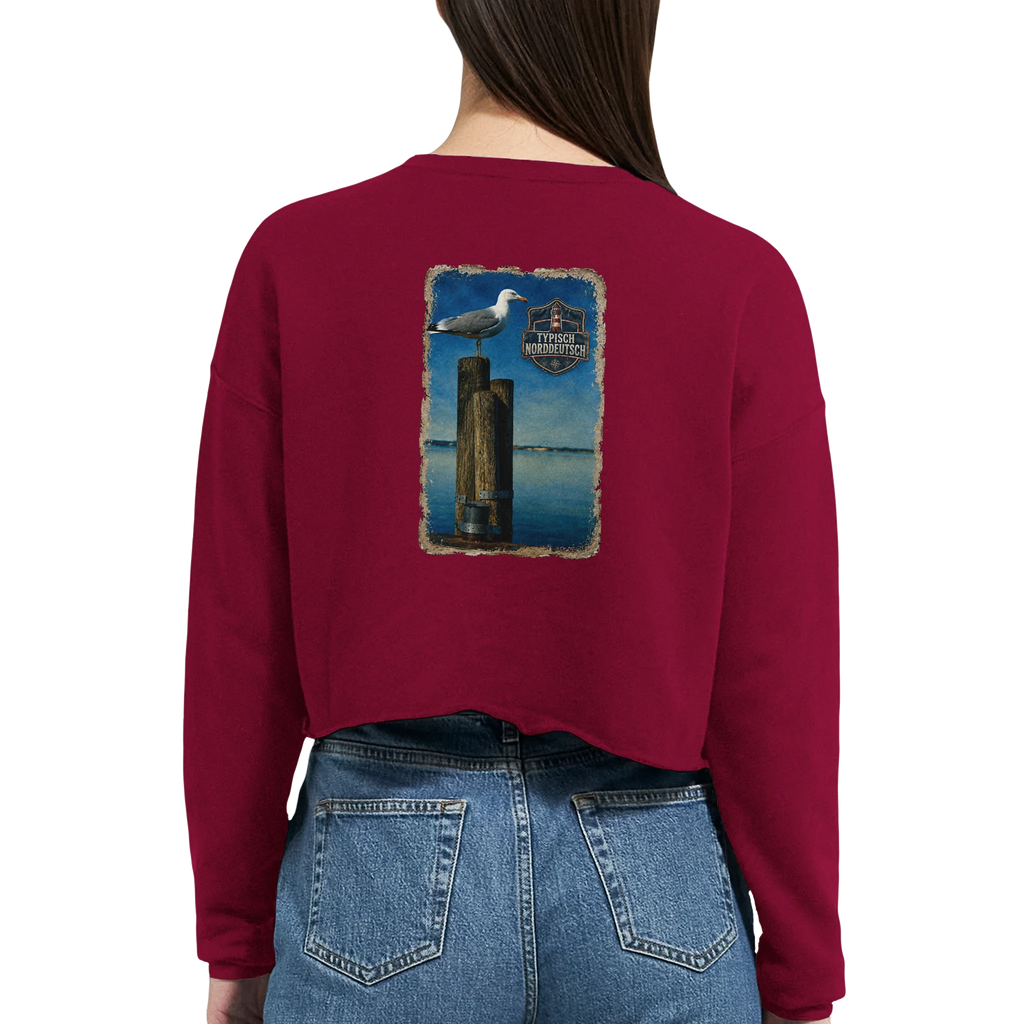Damen-Pullover in Staubblau mit Motiv „Möwe auf Poller“