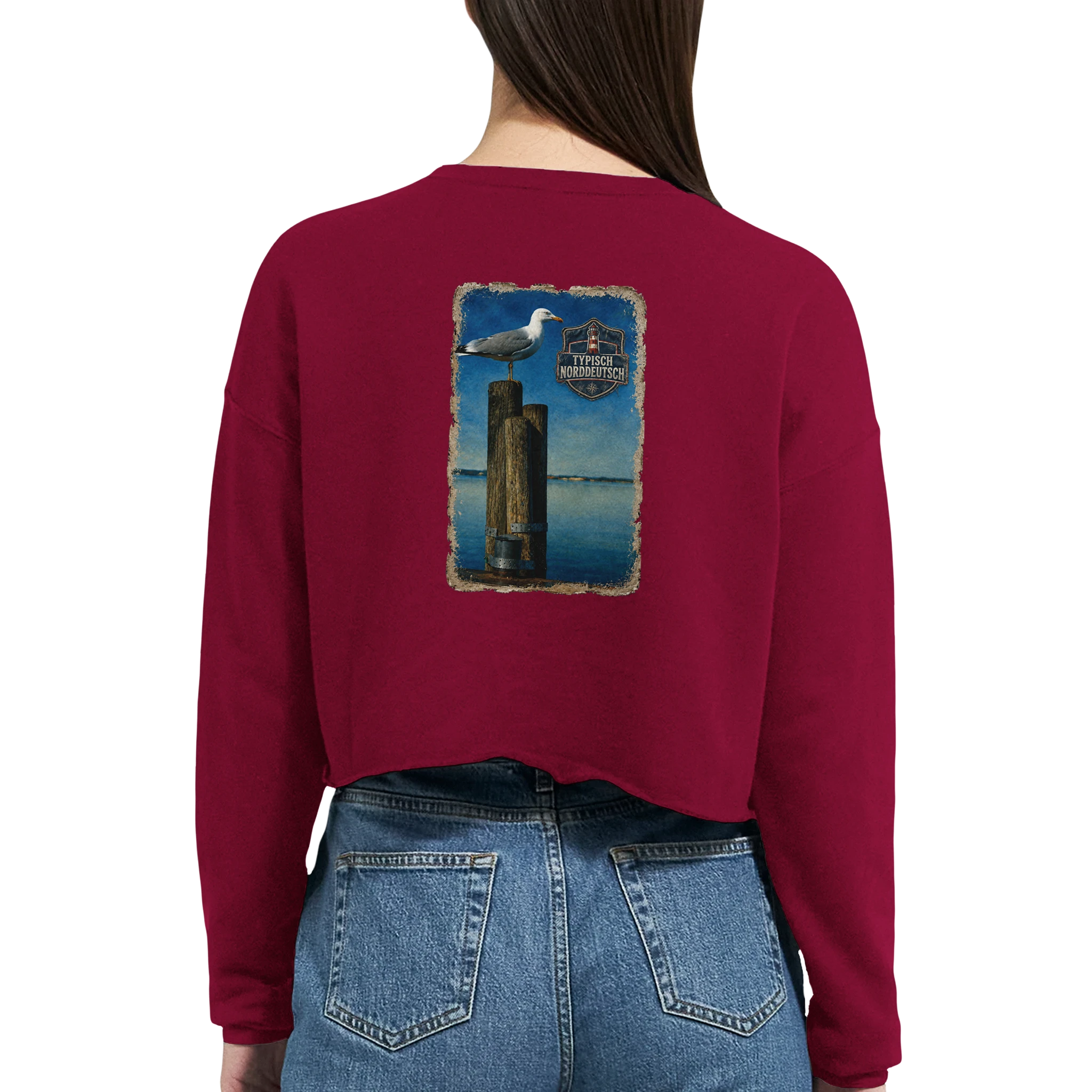 Damen-Pullover in Staubblau mit Motiv „Möwe auf Poller“