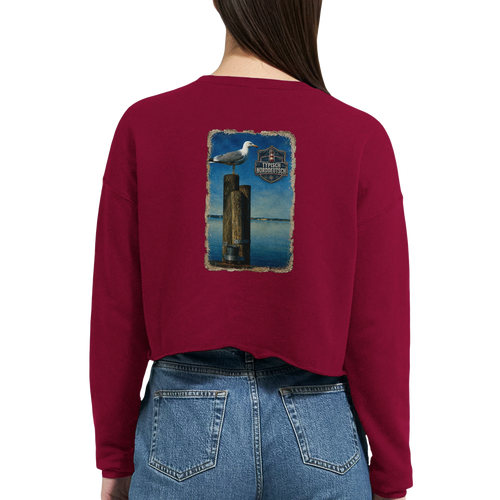 Damen-Pullover in Staubblau mit Motiv „Möwe auf Poller“