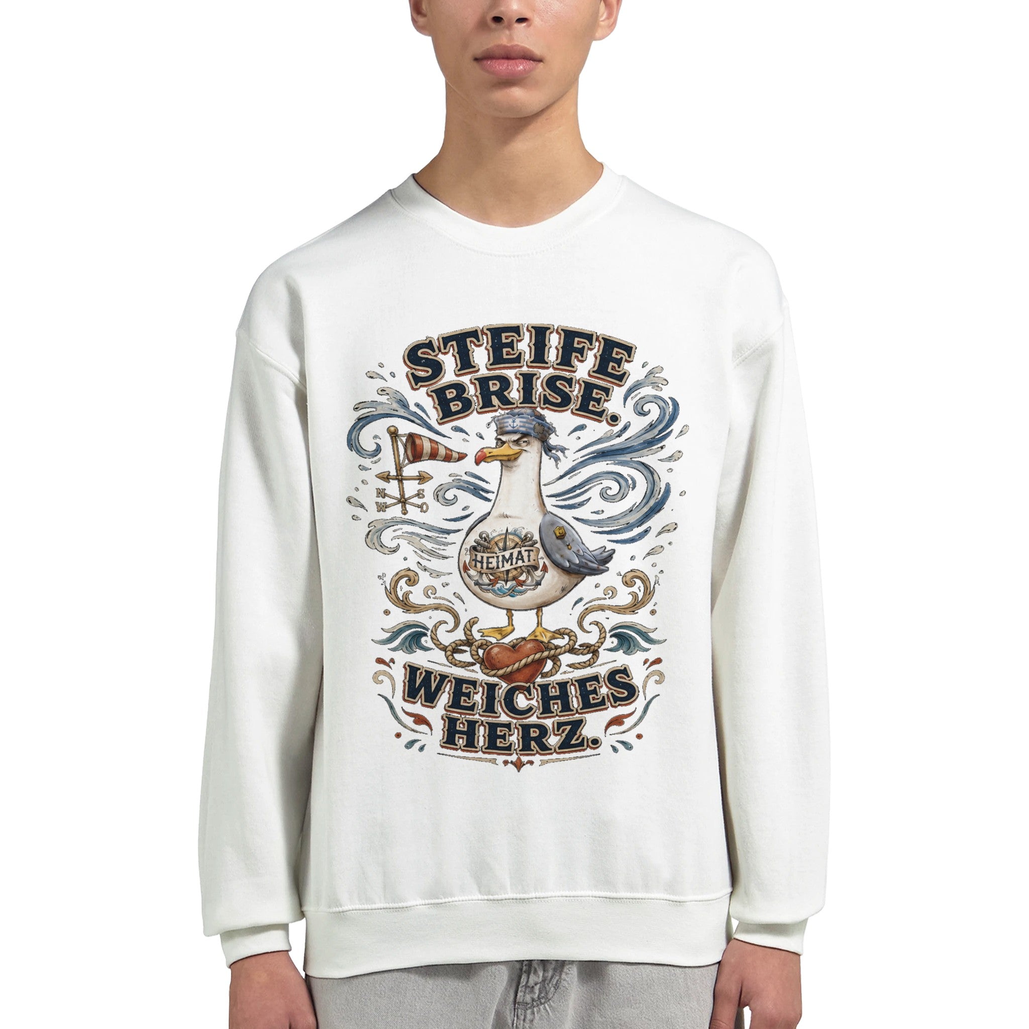 Pullover in Hellrosa mit Motiv „Steife Brise. Weiches Herz.“