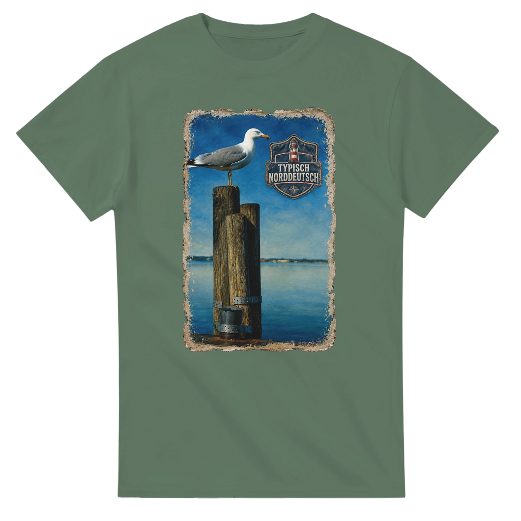 T-Shirt in Natur mit Motiv „Möwe auf Poller“