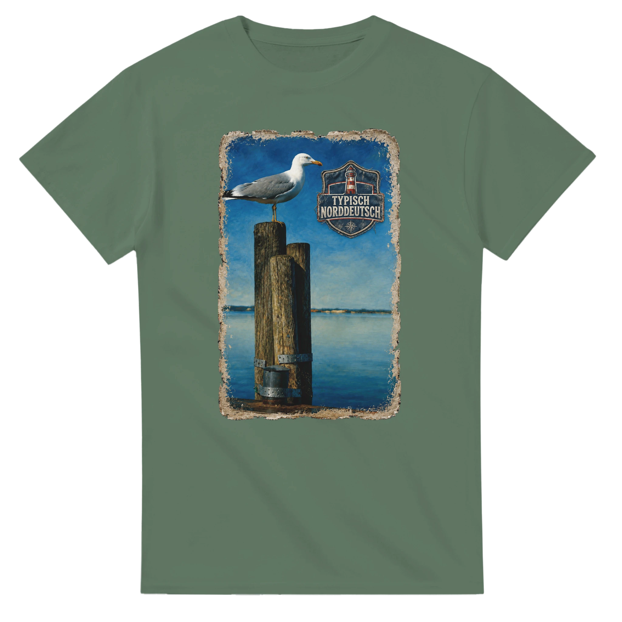 T-Shirt in Natur mit Motiv „Möwe auf Poller“