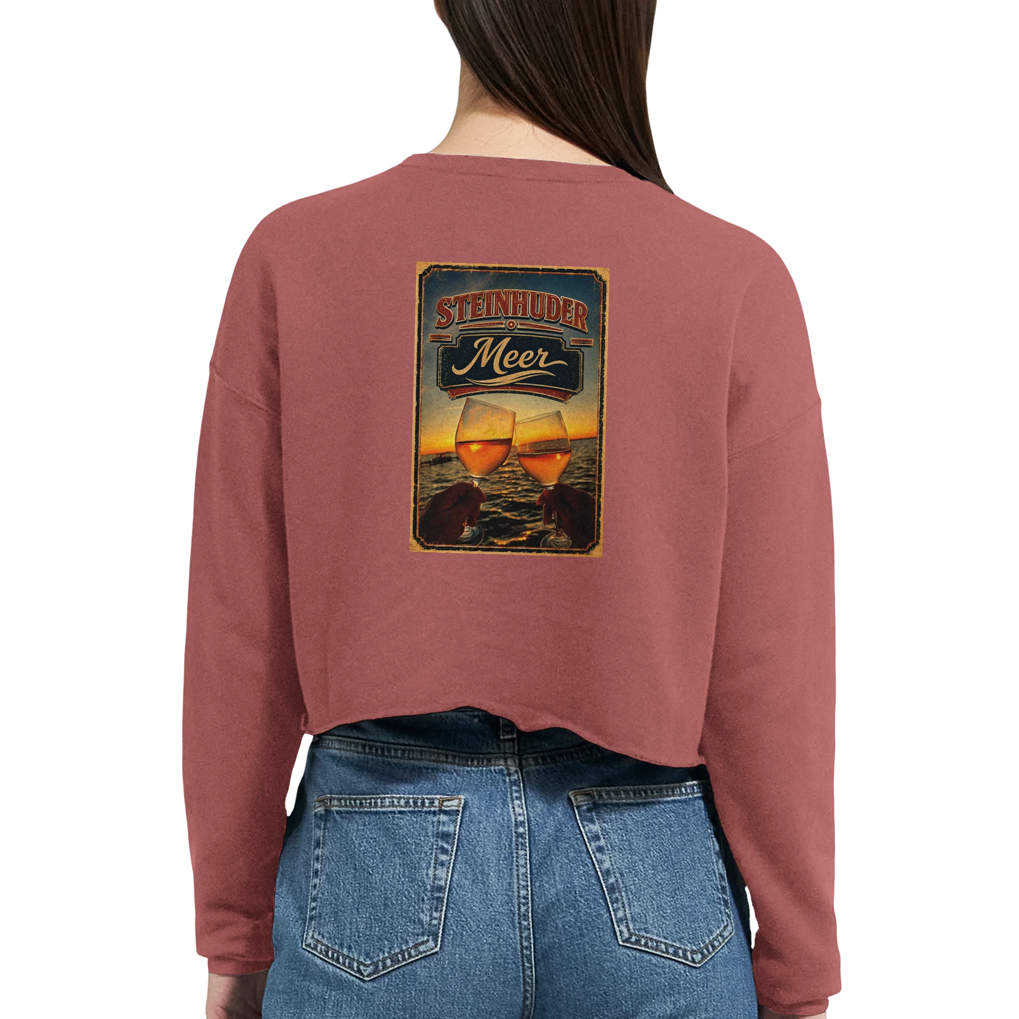 Damen-Pullover in Staubblau mit Motiv „Stößchen bei Sunset“