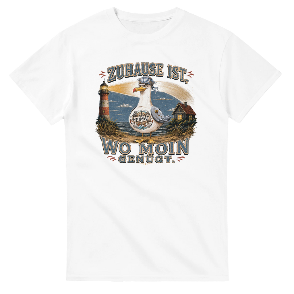 T-Shirt in Weiß mit Motiv „Zuhause ist, wo Moin genügt. Möwe“