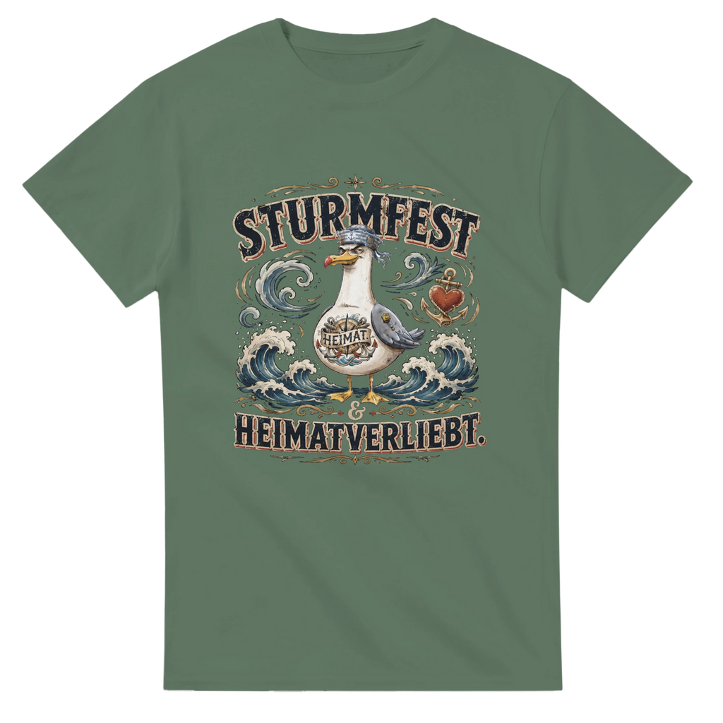 T-Shirt in Natur mit Motiv „Sturmfest & Heimatverliebt Möwe“