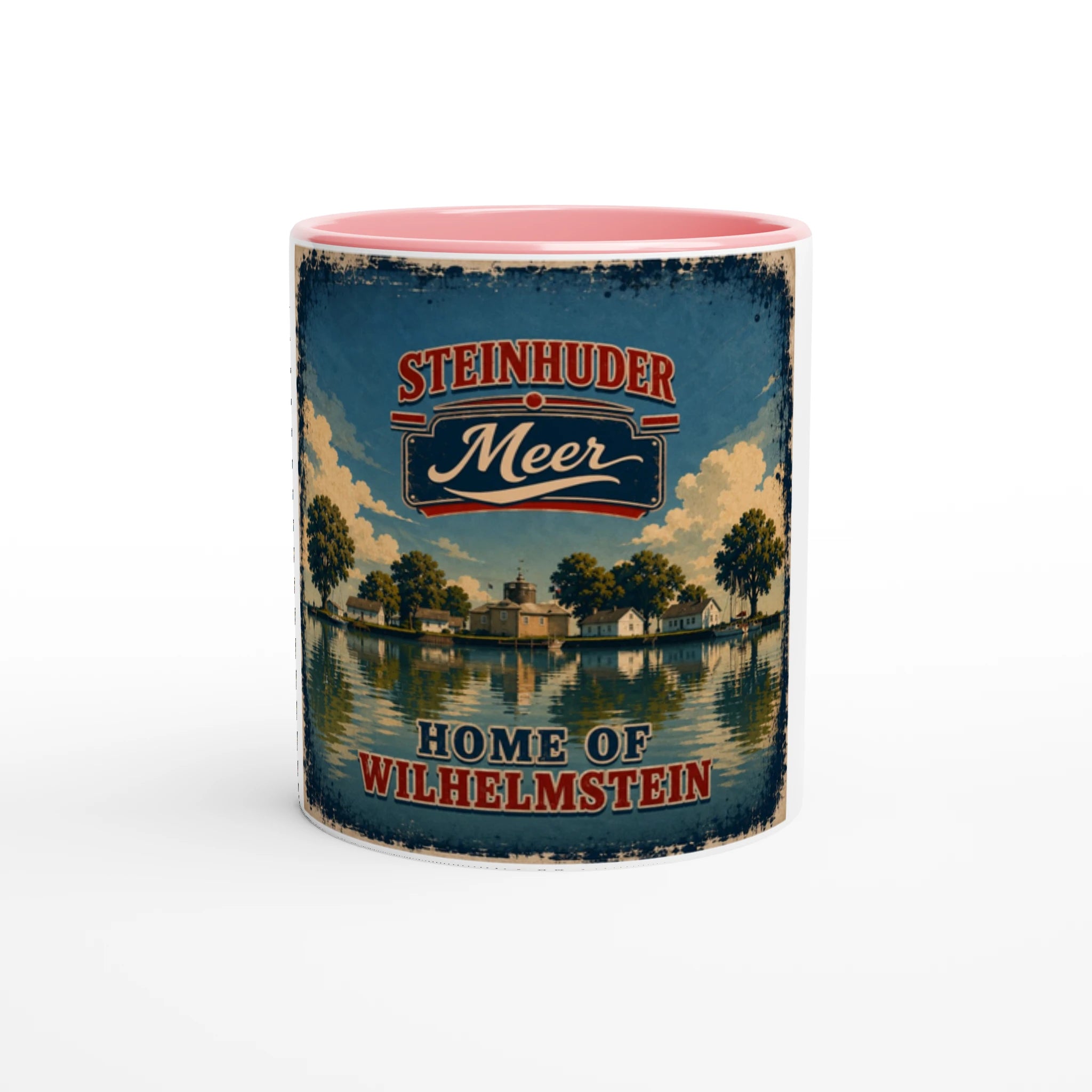 Weiße Keramiktasse mit roter Innenseite und Griff, 300 ml